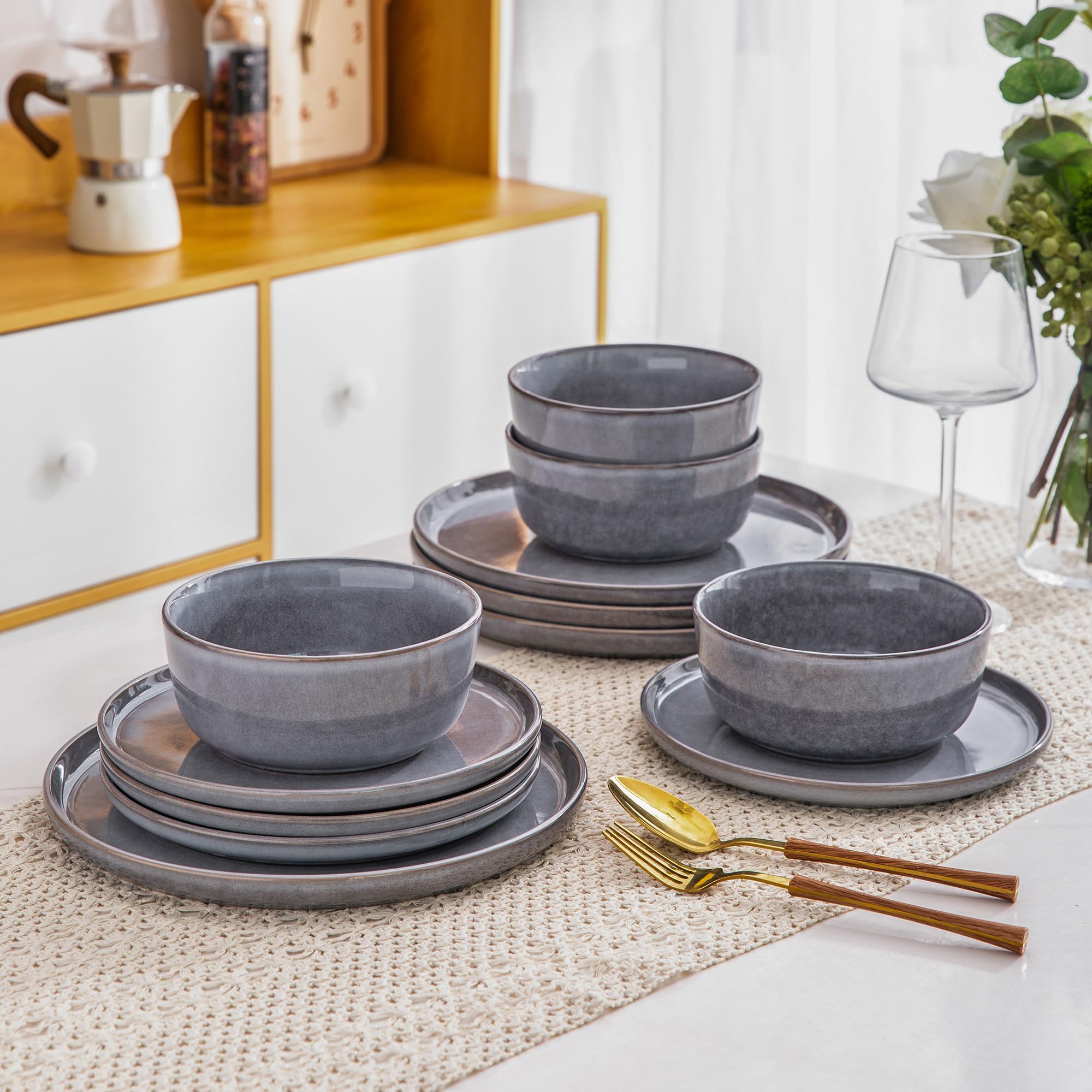 AmorArc 12-Piece Stoneware Dinnerware Set - Round Reactive Glaze Ceramic Plates & Bowls - Chip & Crack Resistant - Dishwasher & Microwave Safe - Service for 4 - Perfect for Family Dinners, Entertaining Guests & Everyday Use