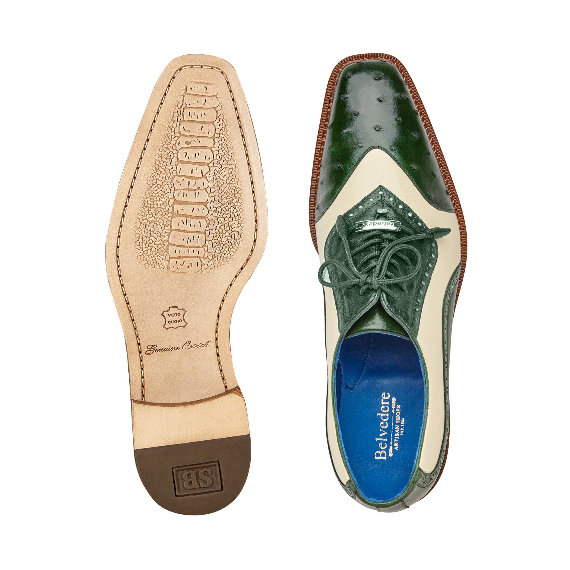 Belvedere Sesto Genuine Ostrich Quill & Italian Leather Wingtip Dress Shoes - Forest Green/Cream - Size R54 | Premium Men's Formal Shoes for Weddings, Business Meetings & Special Occasions