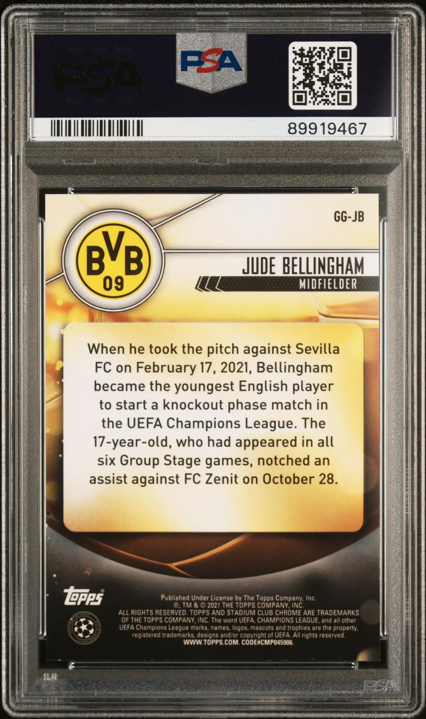 2022-23 Topps Stadium Club Chrome UCC Glimpses of Gold Jude Bellingham Rookie Card PSA 10 Gem Mint - Perfect for Soccer Card Collectors and Investors