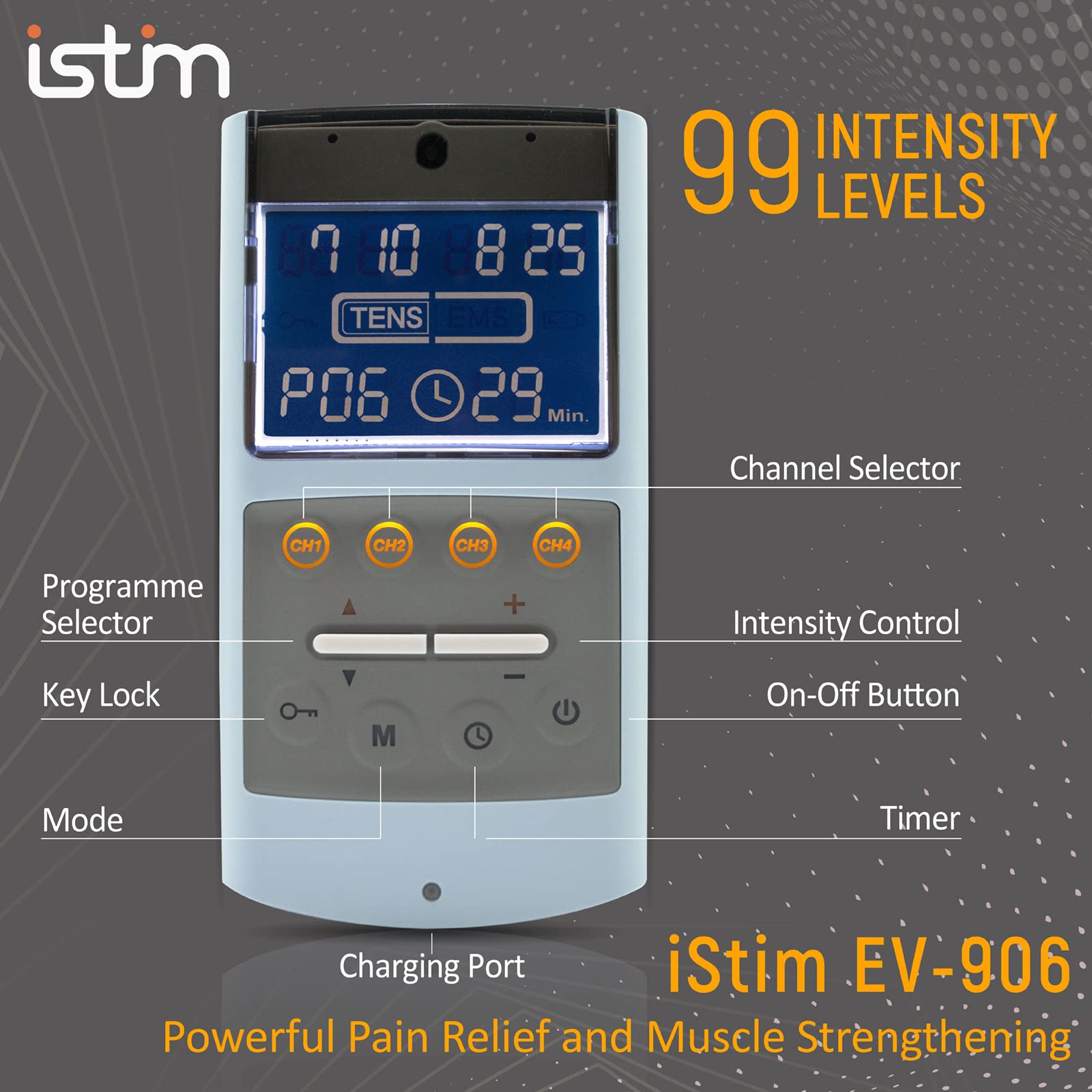 iStim TENS EMS Muscle Stimulator - EV-906 Pain Relief Device with Japanese Gelled Electrodes for Back Pain, Muscle Recovery & Strength Training - Perfect for Home Therapy, Sports Injury & Post-Workout Recovery