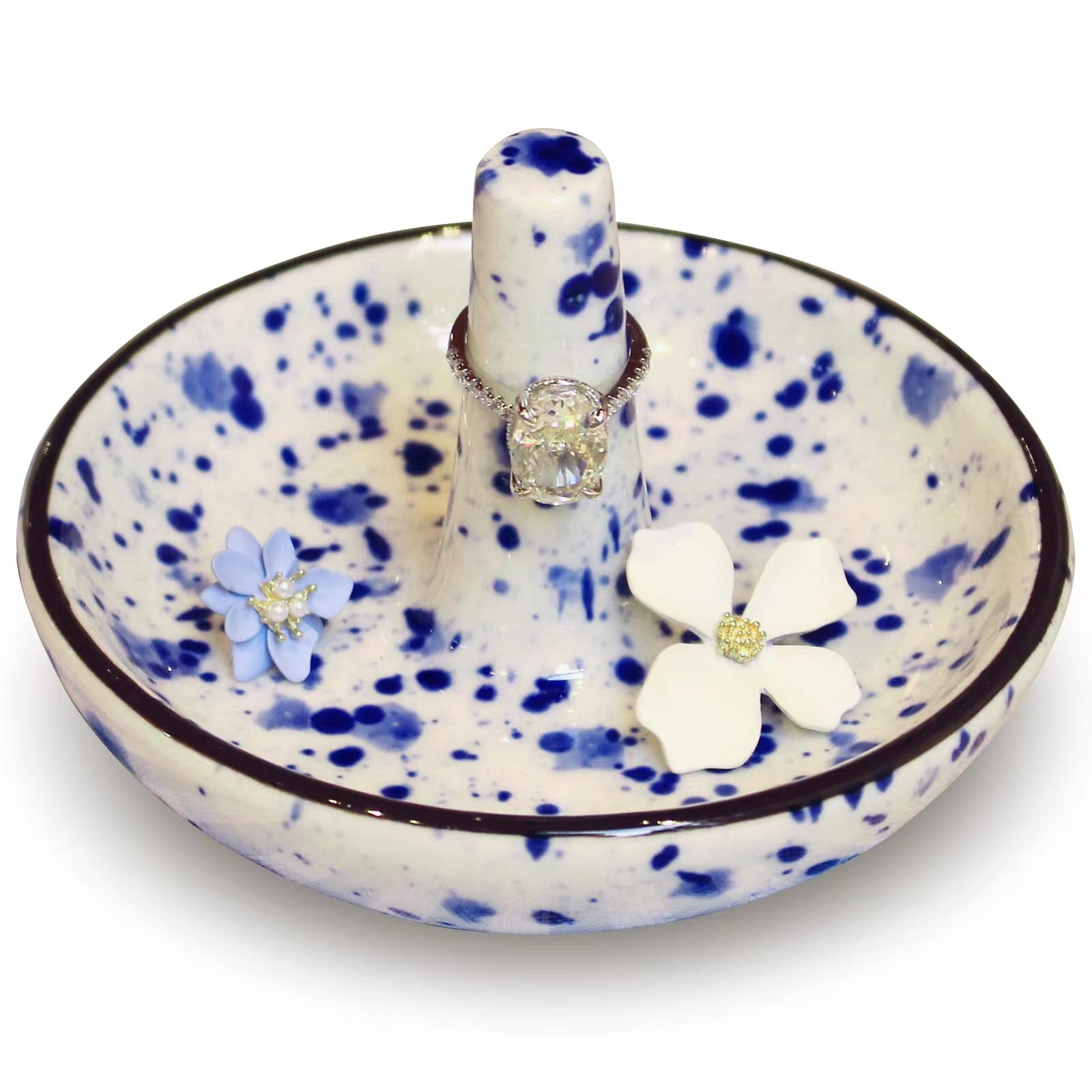 Ceramic Jewelry Ring Holder with Blue Dots - Wedding Ring Stand for Engagement Rings, Earrings & Necklaces - Perfect Bridesmaid Gift & Mom's Jewelry Organizer - Ideal for Wedding Dressing Tables, Bathroom Vanities & Bedroom Decor
