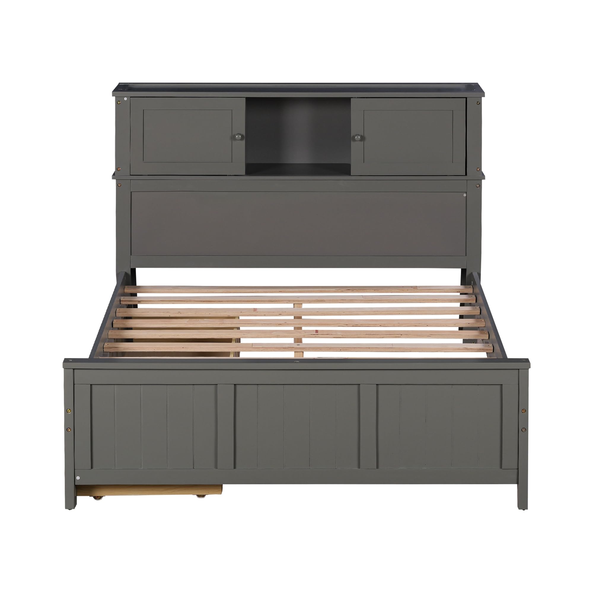 LZ LEISURE ZONE Full Size Platform Bed Frame with Storage Drawers & Sliding Door Headboard - Sturdy Wood Bed with Underbed Storage - Gray - Perfect for Small Bedrooms, Guest Rooms & Dorm Rooms