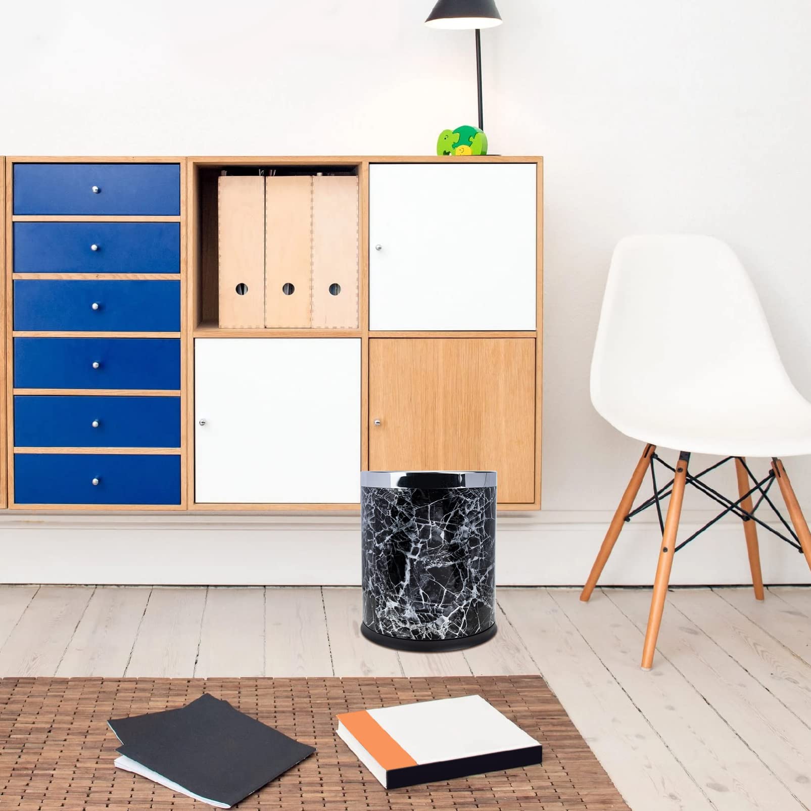 FOMIYES Small Round Marble Trash Can - Bathroom Wastebasket with Lid, Garbage Bin for Kitchen, Bedroom, Home Office - Black | Stylish & Durable for Home Decor & Daily Use