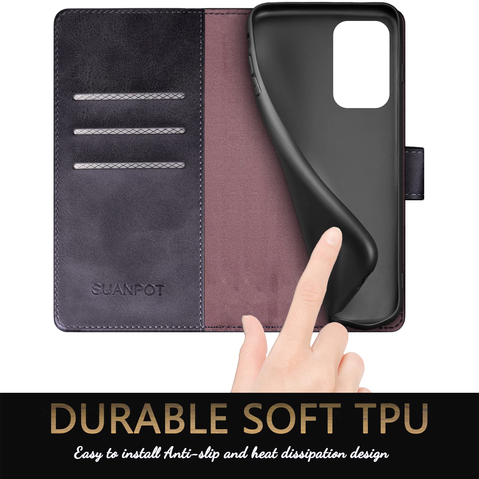 SUANPOT Genuine Leather Wallet Case for Samsung Galaxy A53 5G - RFID Blocking Credit Card Holder, Flip Folio Book Style, Shockproof Protective Cover for Men & Women | Perfect for Work, Travel & Everyday Use (Black)