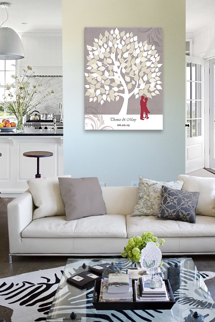 Personalized Couple's Canvas Wall Art - Custom Romantic Tree with Names & Date - Wedding, Anniversary, Housewarming Gift for Newlyweds - Taupe 24