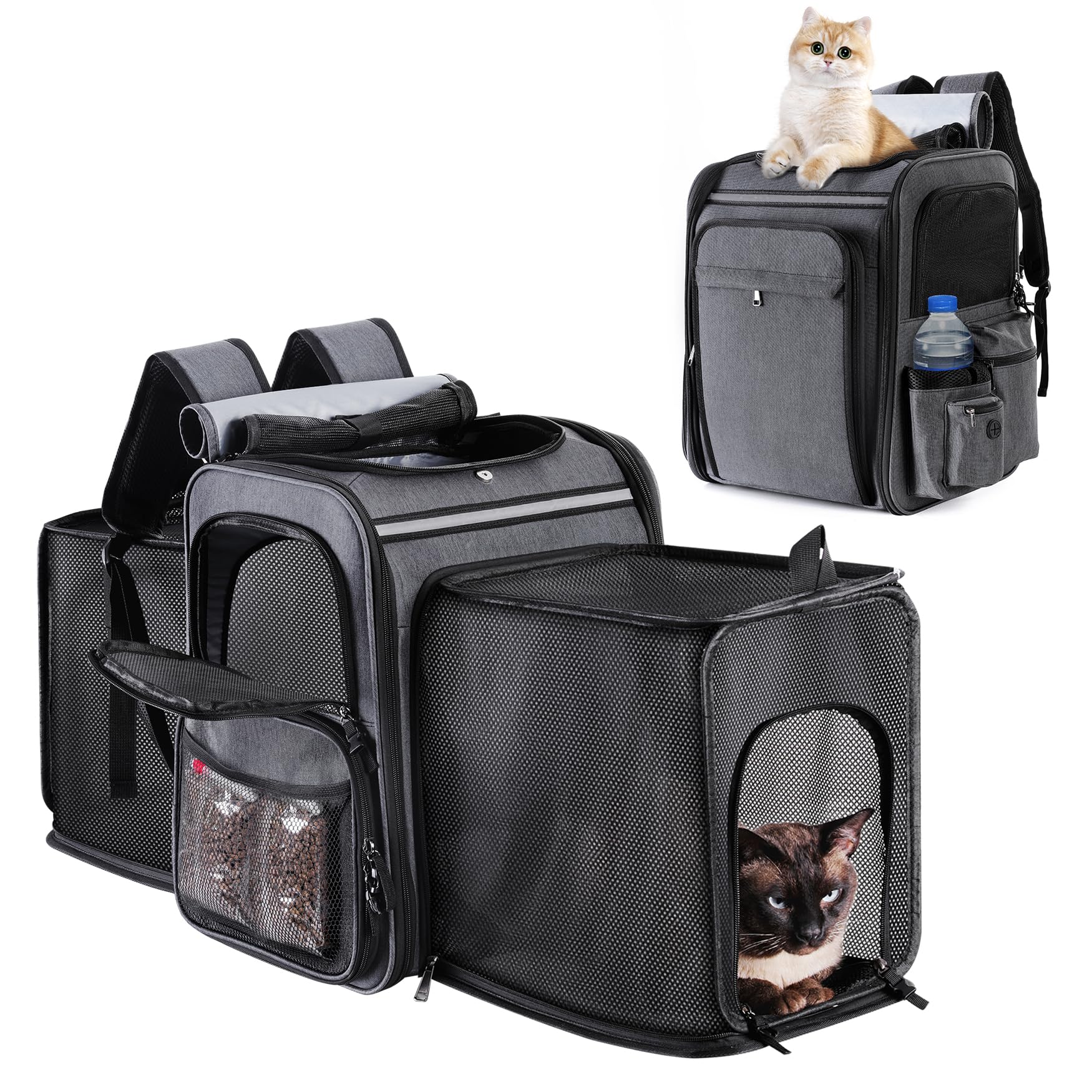 **Expandable Cat & Dog Carrier Backpack - Double Side Design for Medium Cats & Small Dogs Up to 20 Lbs, Breathable Mesh Pet Travel Backpack (Grey) - Perfect for Hiking, Air Travel & Vet Visits**