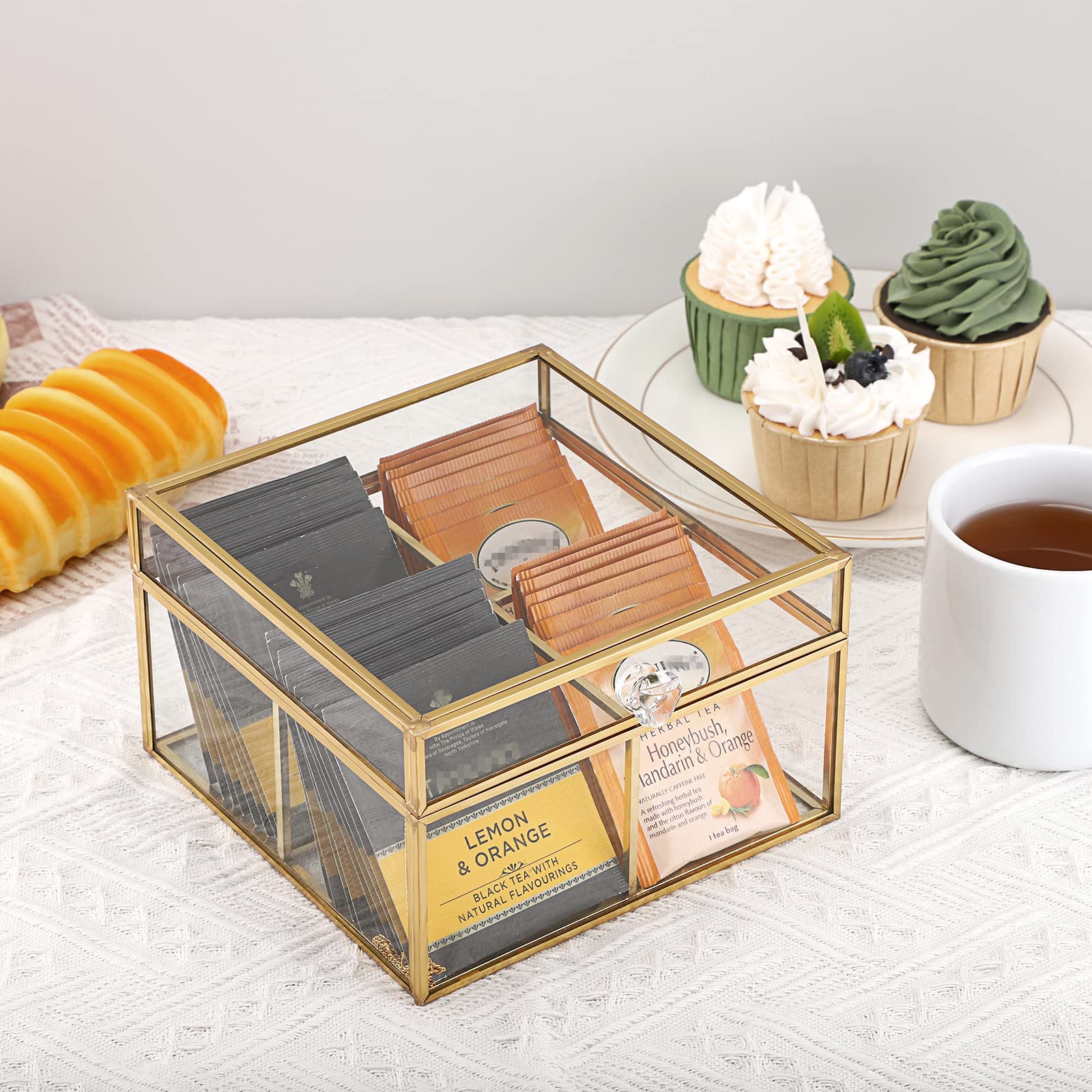 ELLDOO Gold Glass Tea Bags Storage Box with Lid - 4 Compartment Jewelry Organizer for Makeup Sponges, Sugar Packets, Rings & Earrings - Elegant Countertop Display for Bathroom Vanity or Dressing Table