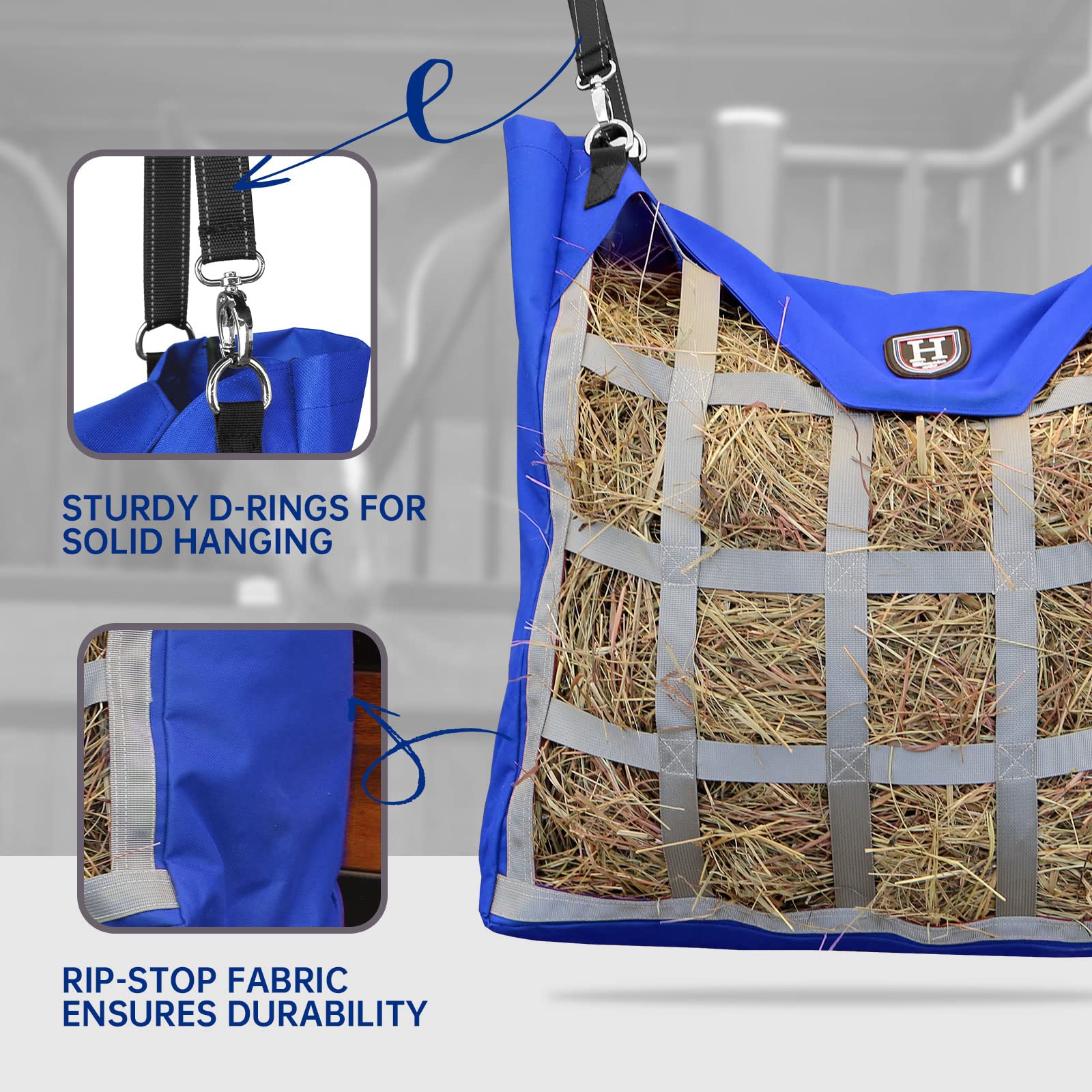 Premium Durable Horse Hay Bag - Slow Feed Hay Net with Waterproof Fabric, Large Capacity Horse Tote for Stable & Pasture (Blue) | Ideal for Grazing Control & Equine Feeding Solutions