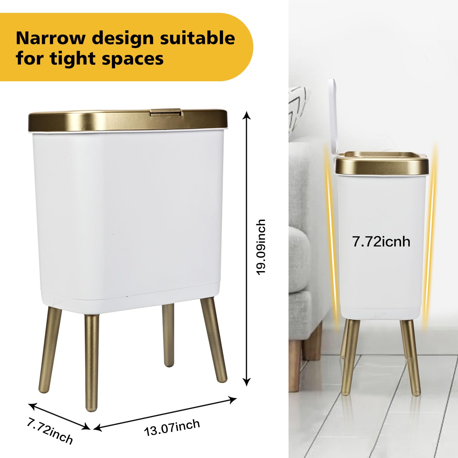4 Gallon Slim Gold Bathroom Trash Can with Lid - Modern White Plastic Waste Basket with Legs for Kitchen, Bedroom, Living Room & Office | Perfect for Small Spaces & Home Decor