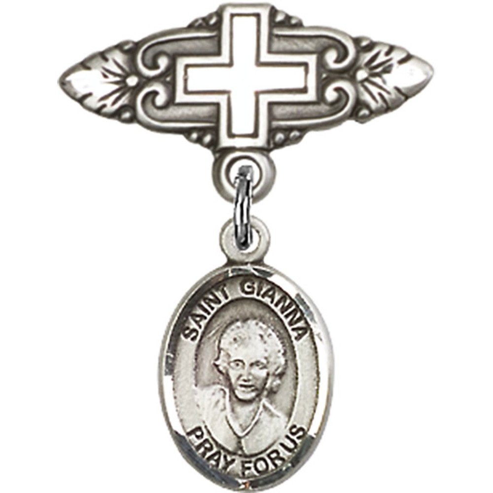 Sterling Silver Baby Badge with St. Gianna Beretta Molla Charm - Religious Cross Badge Pin 1