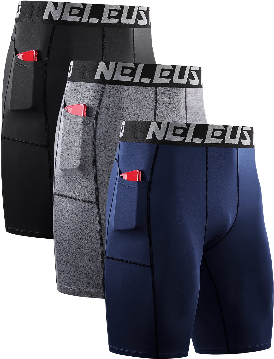 NELEUS Men's 3 Pack Running Compression Shorts with Pockets - Moisture Wicking Athletic Workout Shorts for Gym, Jogging & Sports Activities