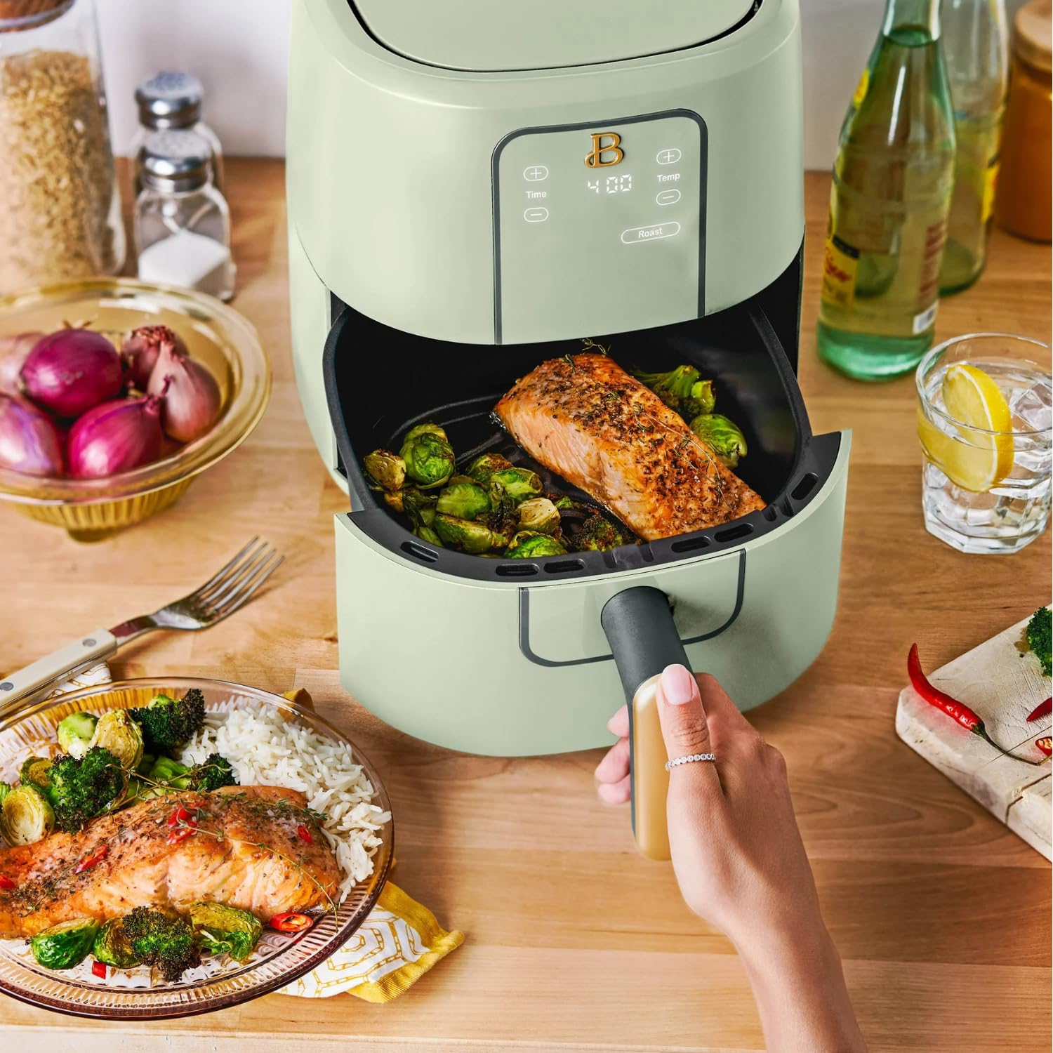 Drew Barrymore 3-Quart Digital Air Fryer with TurboCrisp Technology - 4 Presets, 170°F-400°F Temperature Range, Non-Stick & Dishwasher Safe Basket - 1200W Compact Airfryer for Healthy Cooking (Sage Green) - Perfect for Frying, Baking, Roasting & Reheating Family Meals