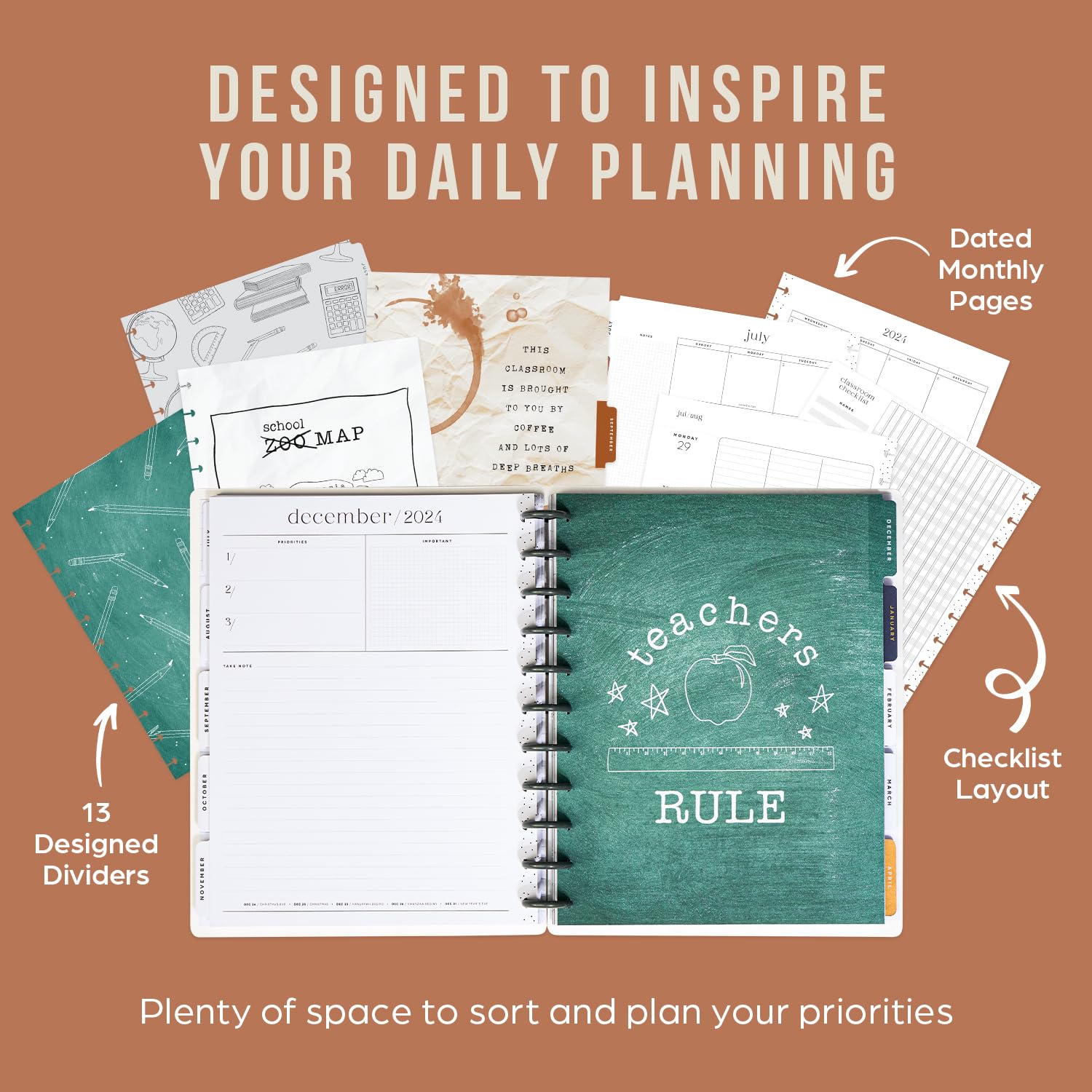 Happy Planner 2024-2025 Academic Year Planner - July 2024 to June 2025, 12 Month Disc Bound Teacher Planner with Daily & Monthly Layouts, 8.5