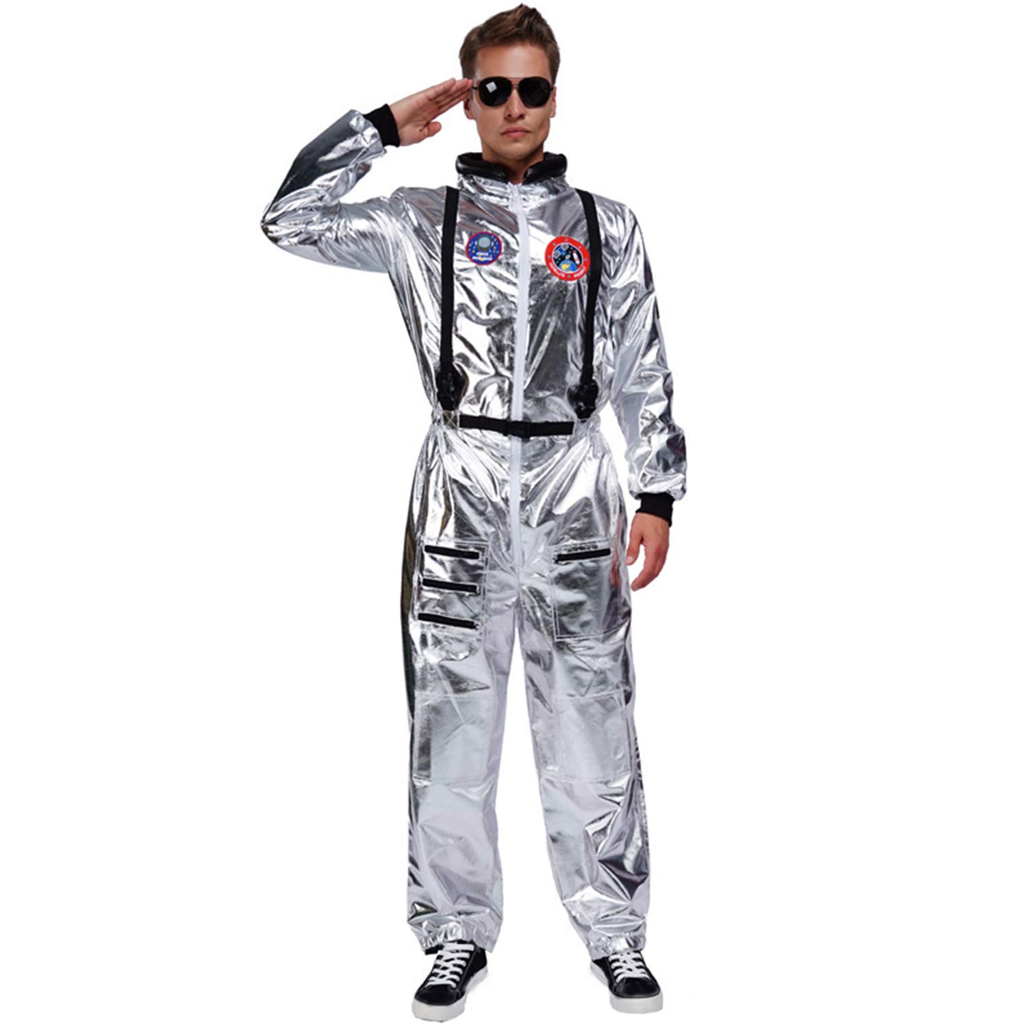 DSplay Adult Astronaut Space Jumpsuit Costume - NASA-Inspired Halloween Cosplay with Embroidered Patches & Functional Pockets | Perfect for Halloween Parties, Cosplay Events & Space-Themed Photoshoots