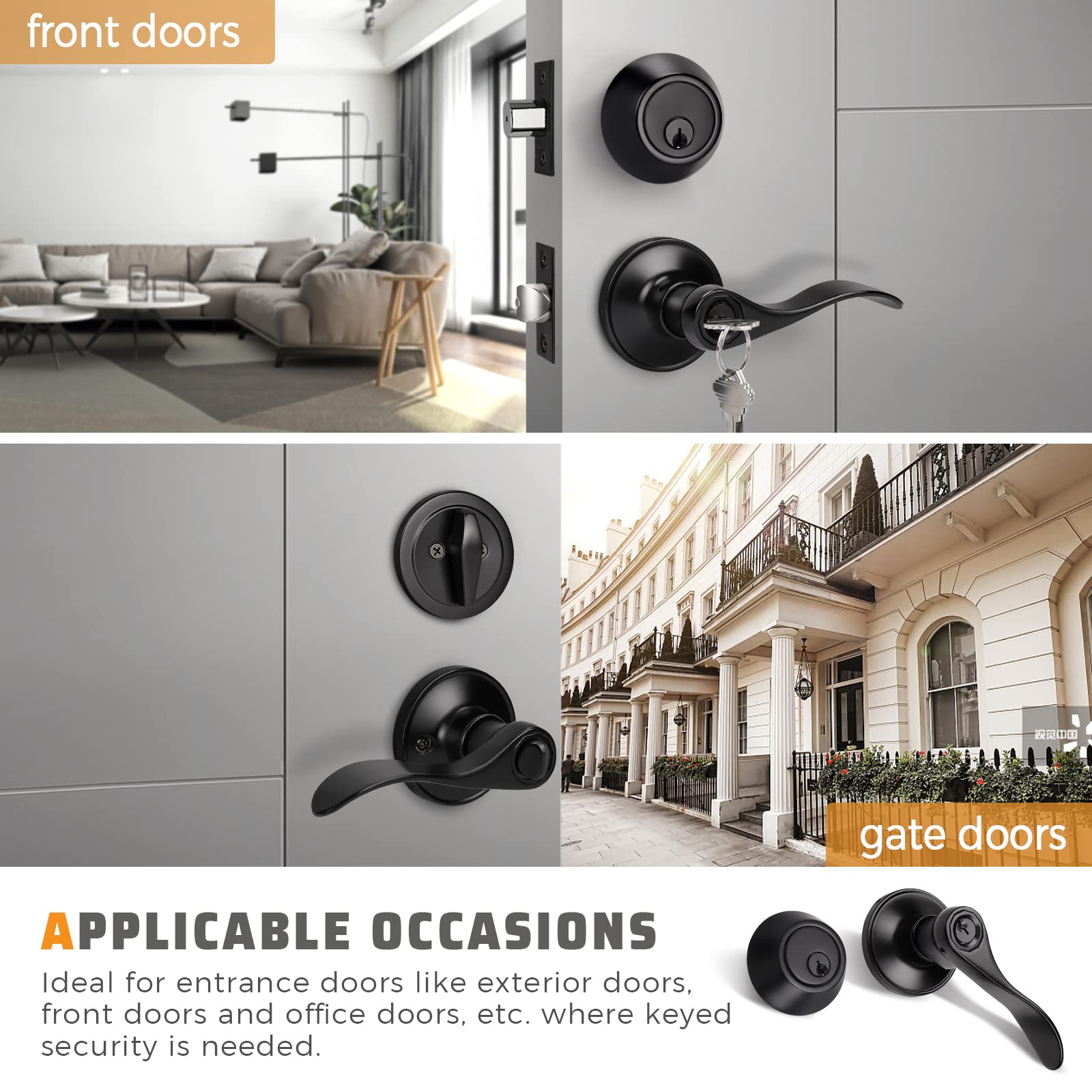 KNOBWELL 5-Pack Keyed Alike Door Lever Lock Set with Deadbolt - Exterior & Interior Use