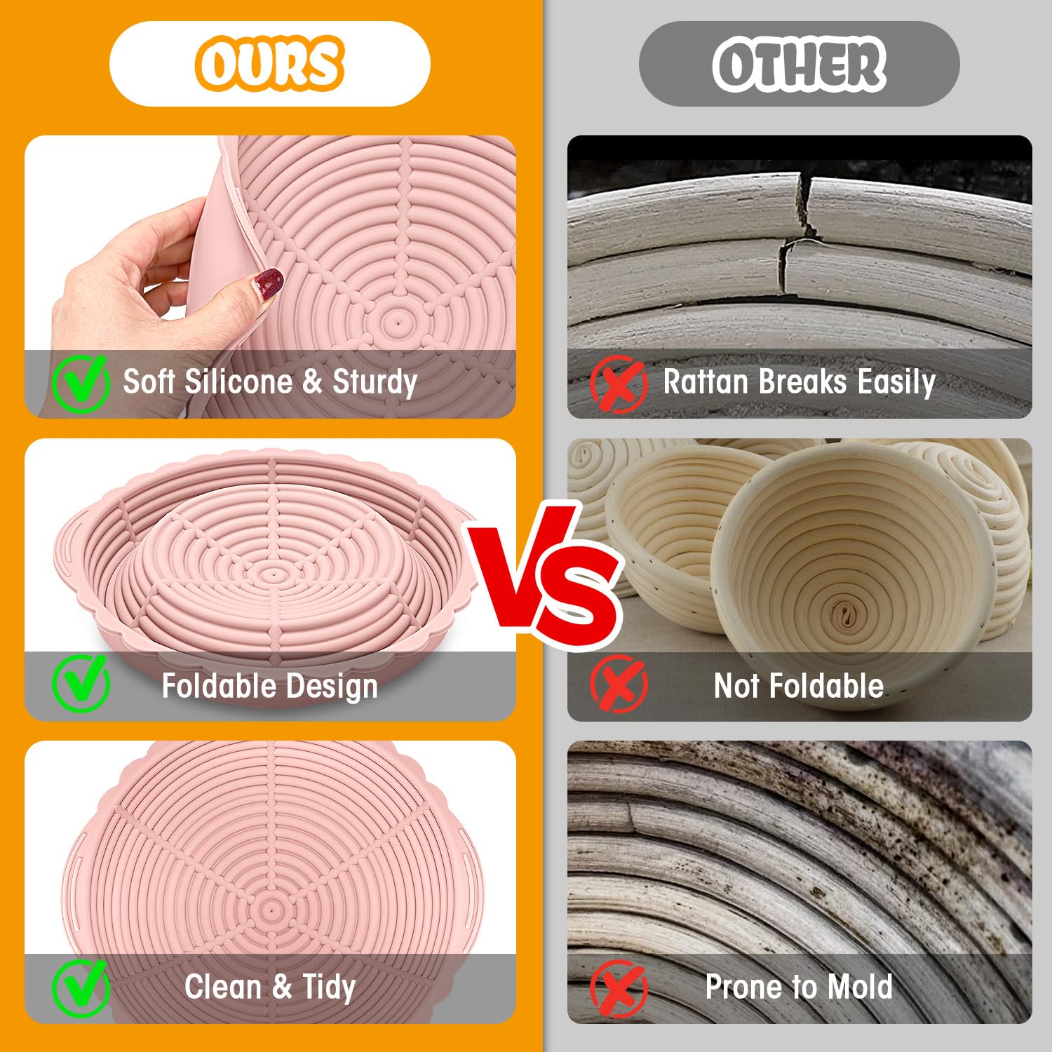 2-Pack Silicone Bread Proofing Baskets - 9 Inch Round Foldable Banneton for Sourdough Baking | Essential Bread Making Tools (Pink & Purple) | Perfect for Artisan Bread, Homemade Sourdough & Baking Enthusiasts