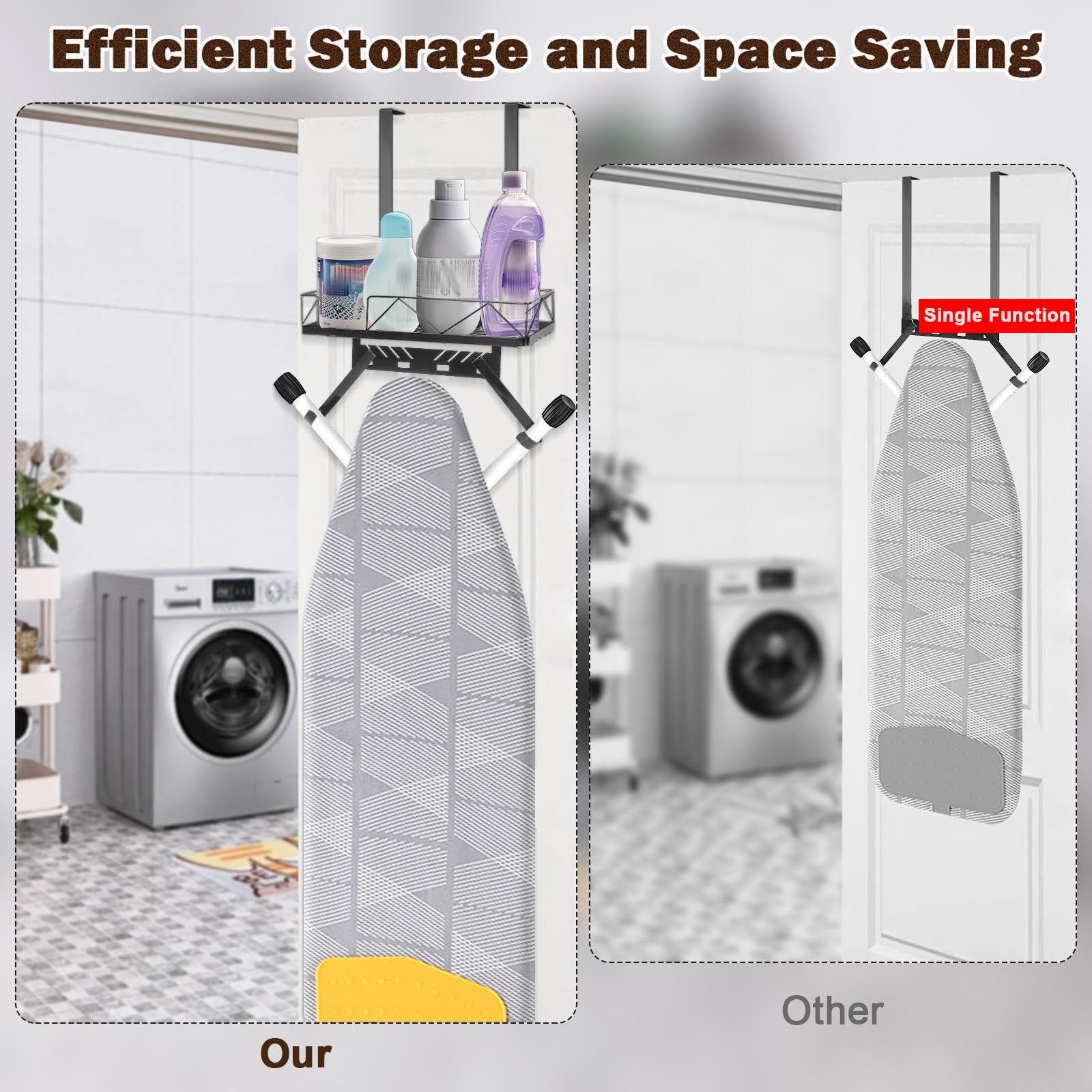 Metal Over The Door or Wall Mounted Ironing Board Hanger - Adjustable Storage Shelf with Hooks for Laundry Room, Living Room, Bathroom - Space Saving Organizer for Home & Apartment (Matte Black)