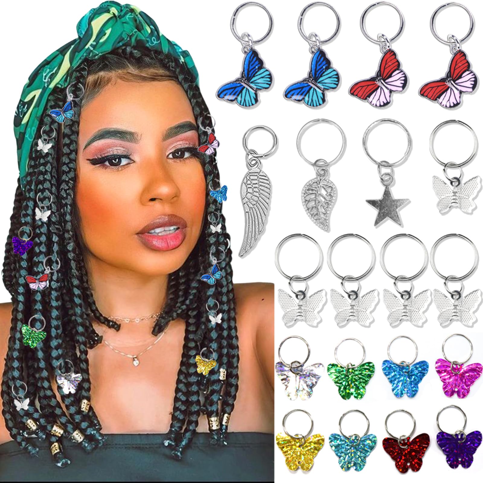 NAISKA 20Pcs Silver Butterfly Hair Clips - Dreadlock Accessories with Colorful Pendant Charms, Braid Beads & Cuffs - Hair Jewelry Gifts for Women (Perfect for Boho Style, Festivals, and Everyday Hair Styling)