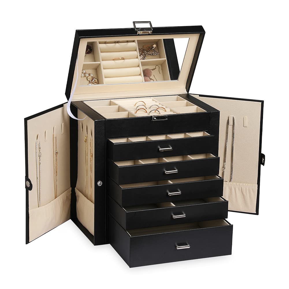 Frebeauty 6-Tier PU Leather Jewelry Organizer with Mirror & 5 Drawers - Perfect for Necklaces, Bracelets & Watches Storage