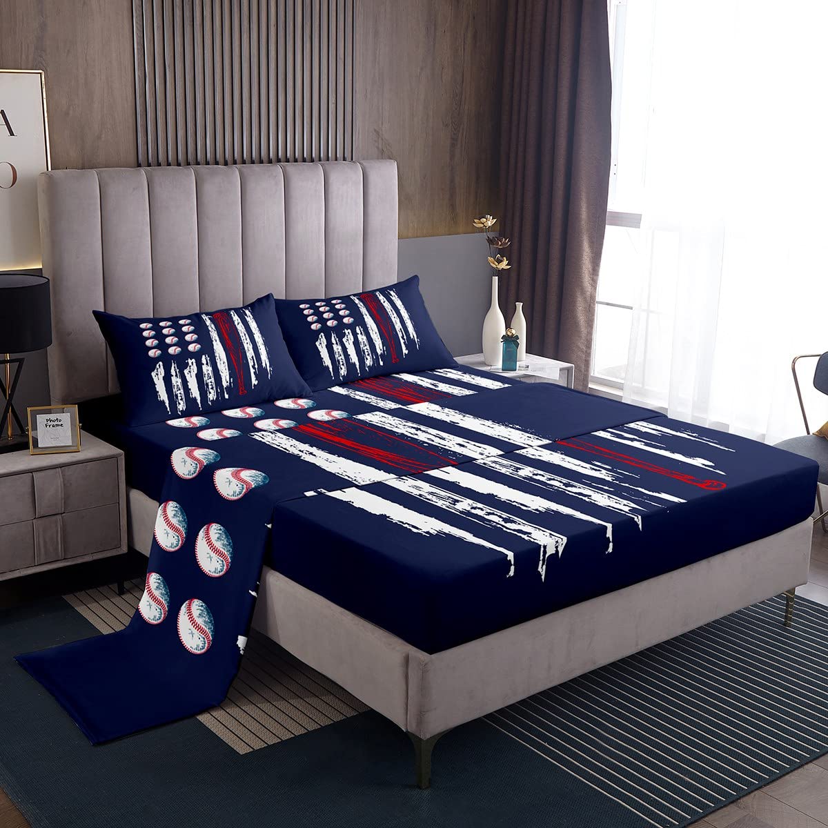 Castle Fairy Baseball Printed Kids Bed Sheets Set - 3 Piece American Flag Sports Theme Twin Size with Deep Pocket Fitted Sheet & Retro Flat Sheet + Pillow Sham - Perfect for Boys' Room Decor, Game Day Themed Bedding, and Sports Lover Gifts