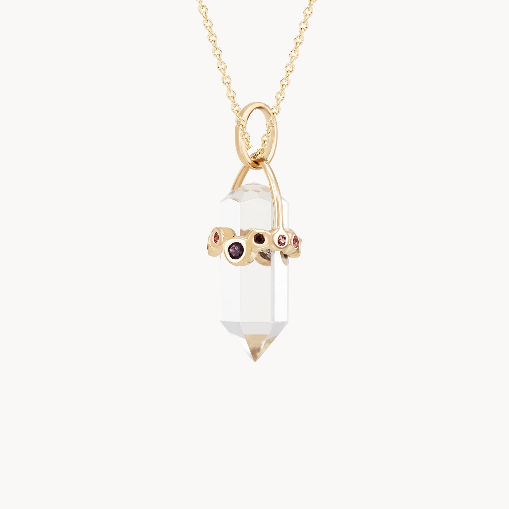 10K Yellow Gold Vibrant Journey Quartz Amulet with Sapphires - Elegant Clear Quartz & Sapphire Pendant for Spiritual Healing, Meditation & Positive Energy Jewelry Gift