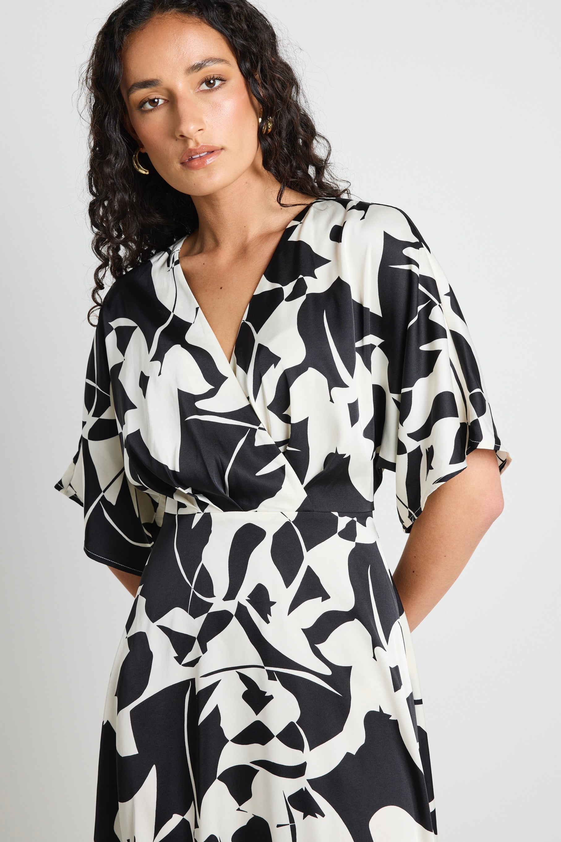 Dali Black & White Satin Short Sleeve Kimono Mini Dress - Sexy Summer Outfit for Beach, Party & Date Night