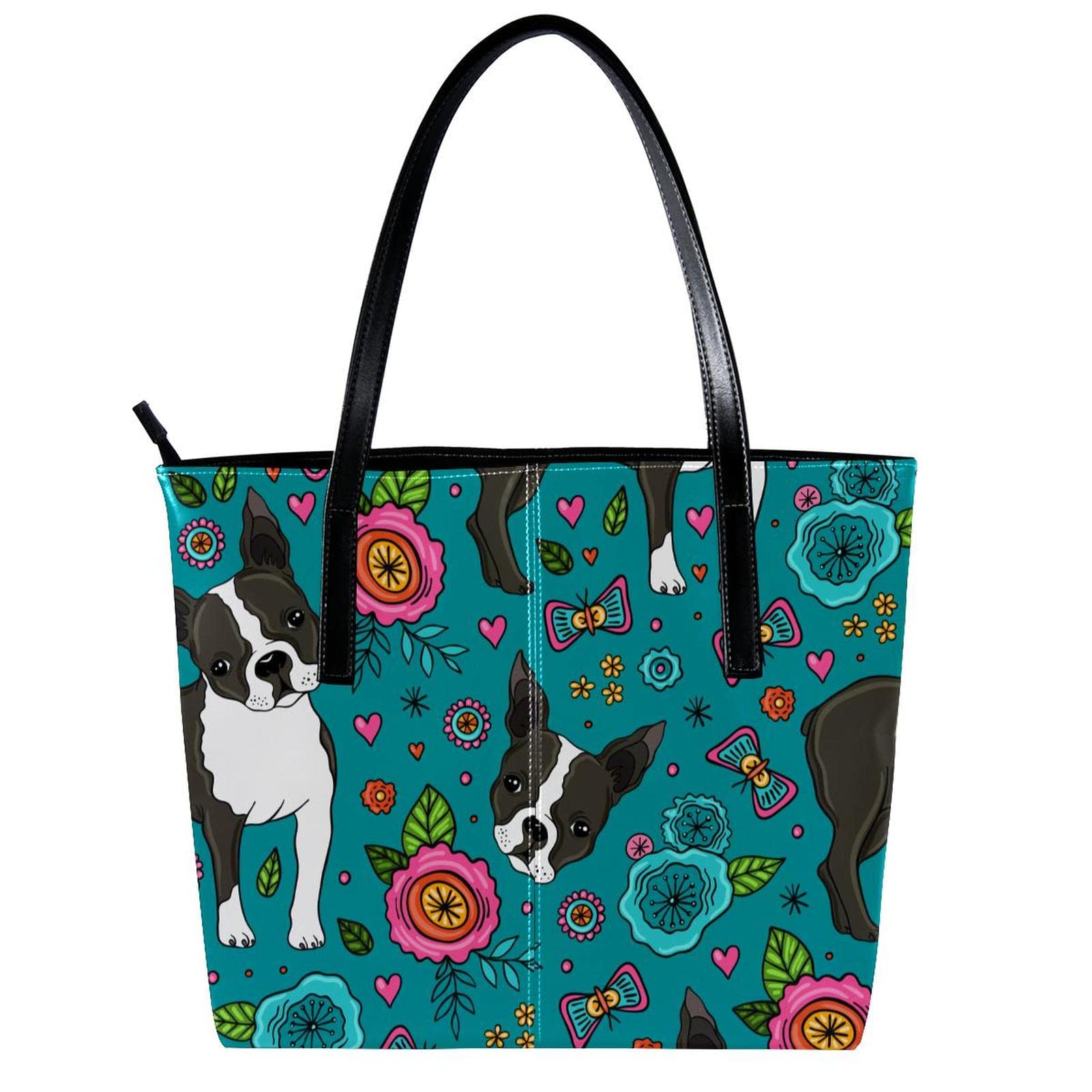 Premium Genuine Leather Handbag for Women - Large Capacity Top Handle Satchel Bucket Purse with Shoulder Strap - Boston Terrier Floral Design - Perfect for Work, Travel & Everyday Use