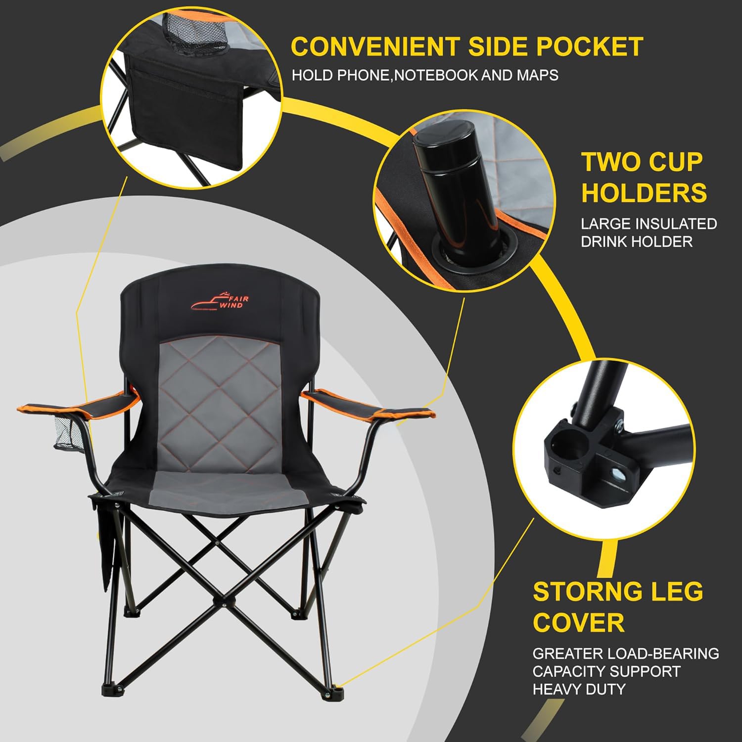 FAIR WIND 2 Pack Heavy Duty Oversized Camping Chairs - 350 LBS Weight Capacity, Fully Padded Quad Fold Arm Chairs with Cup Holder & Lumbar Support - Portable Collapsible Outdoor Chairs for Camping, Beach, Backyard, Picnics, and Tailgating - Black