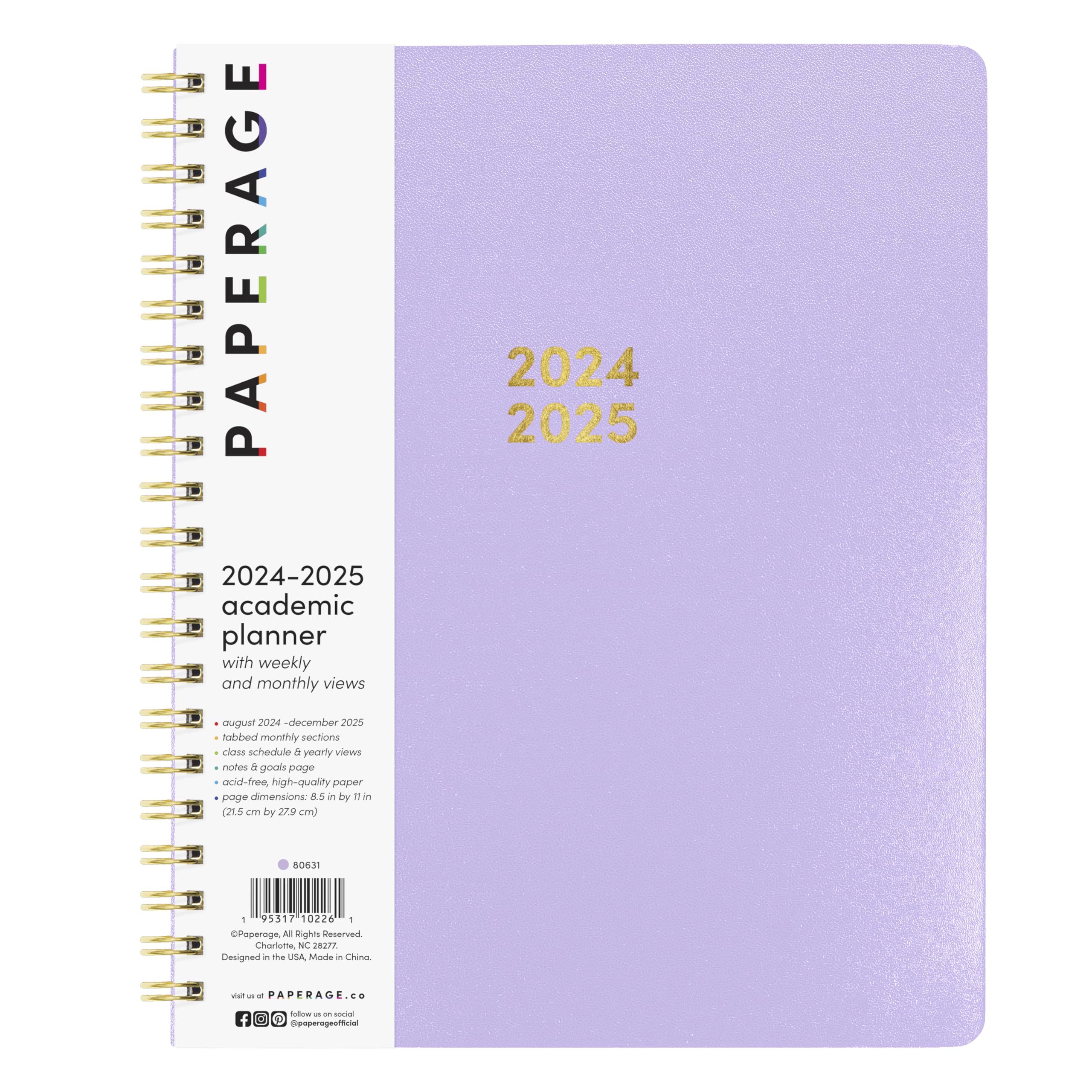 PAPERAGE 17 Month Academic Planner 2024-2025 - Weekly & Monthly Calendar Organizer, August 2024 to December 2025, 9x11 Inch Large Size, Lavender Purple - Perfect for Students, Teachers & Office Professionals