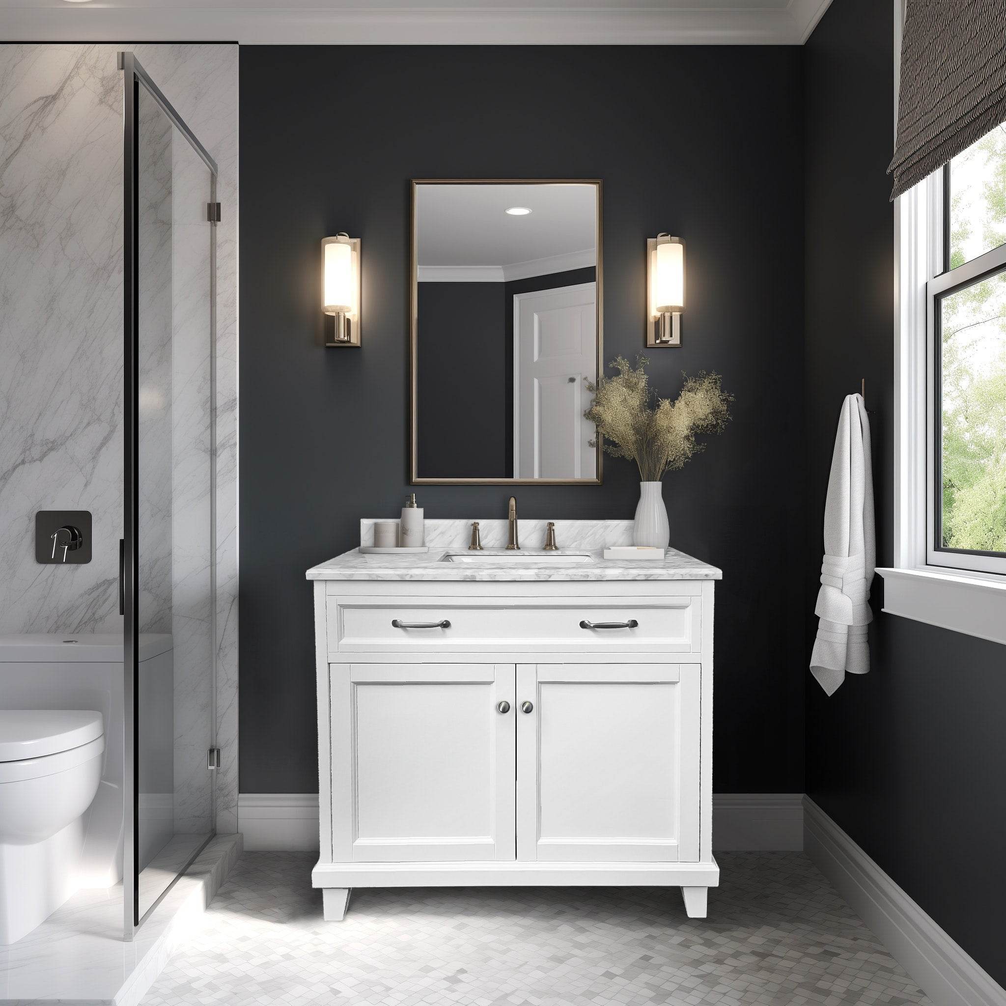 White Bathroom Vanity with Solid Wood Frame & Carrara Marble Top - 3 Size Options for Modern Bathroom Decor | Perfect for Master Bath, Guest Bath & Small Space Remodeling