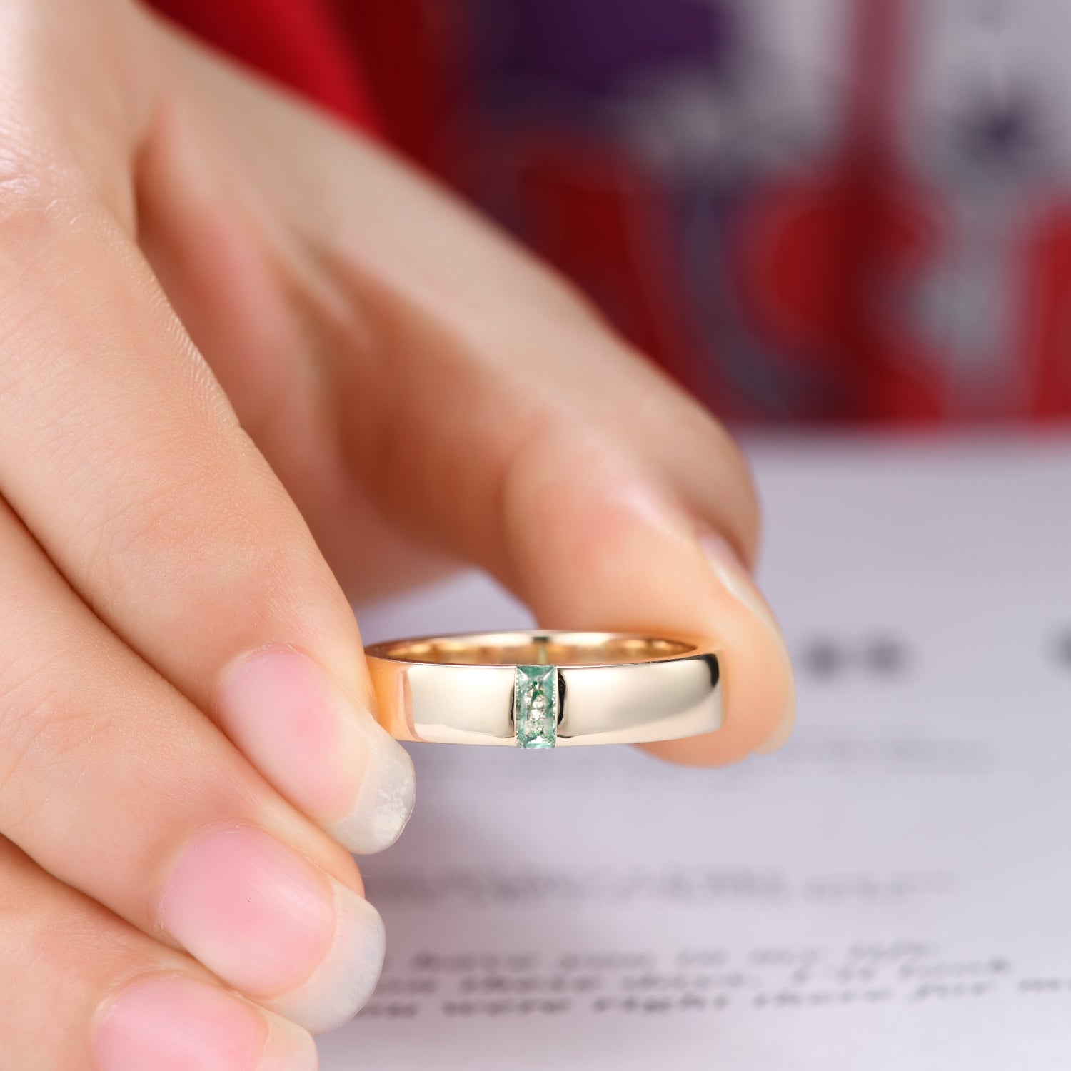 Unique 5mm Baguette Moss Agate Men's Yellow Gold Wedding Band - Perfect for Engagement Rings, Anniversary Gifts & Luxury Jewelry Collections