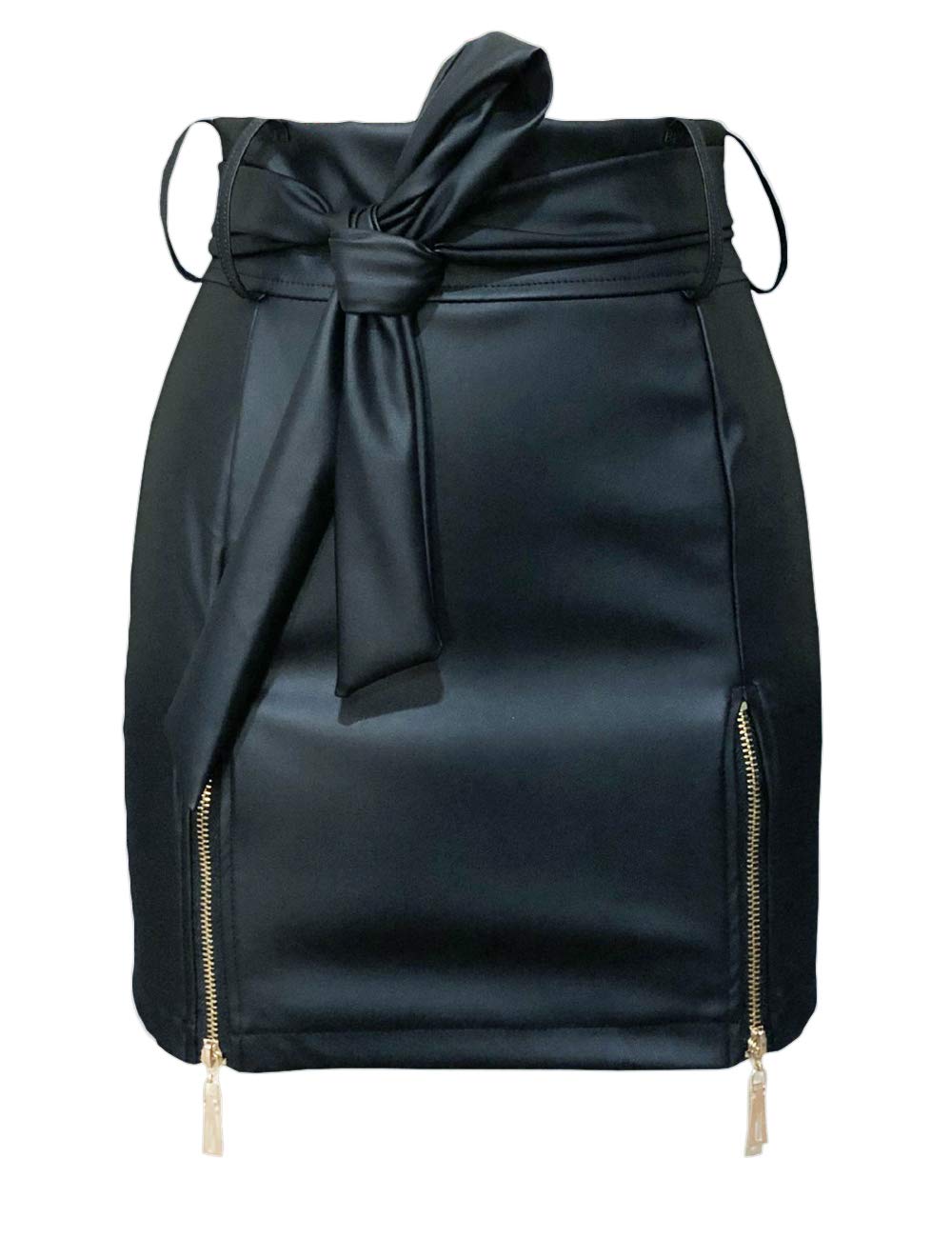 Stylish Women's High Waisted PU Leather Mini Skirt with Side Split & Tie Belt - Sexy Faux Leather Pencil Skirt for Club, Party & Night Out