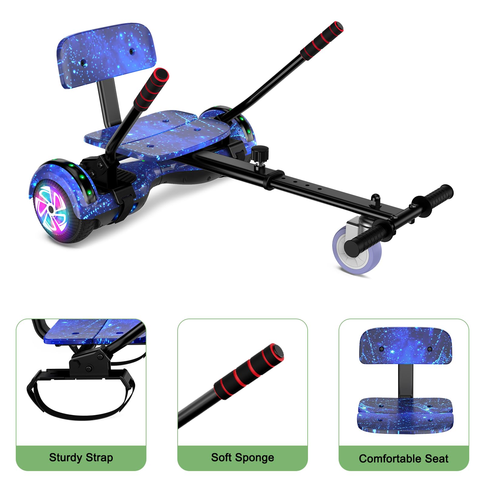 Kids & Adults Scooter Seat Attachment with Go Kart - Adjustable Height, LED Lights & Bluetooth Speaker - Perfect for Outdoor Fun, Commuting & Family Rides