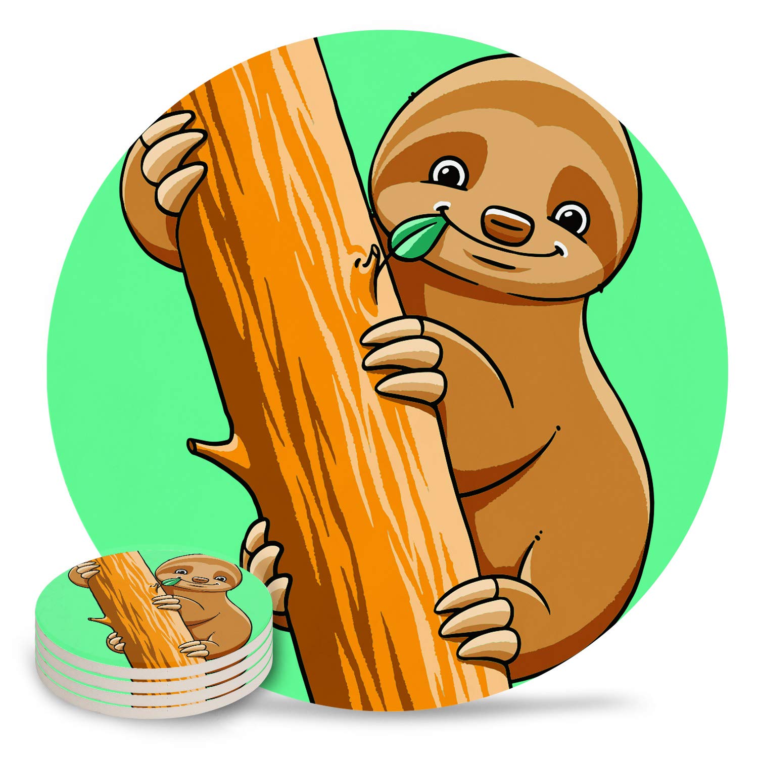 Absorbent Ceramic Drink Coasters with Cork Base - Sloth Cartoon Design, Heat-Resistant & Reusable for Wine Glasses, Mugs, and Plants (6-Piece Set) - Perfect for Home Bars, Coffee Tables, and Office Desks
