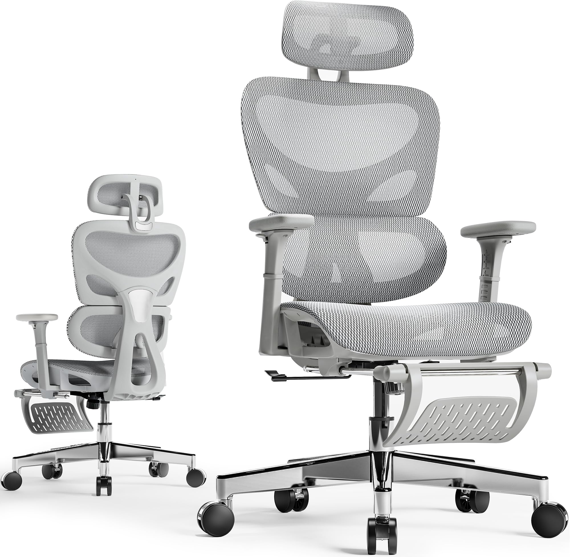 Huuger Ergonomic Mesh Office Chair with Adjustable Footrest, Lumbar Support & 3D Armrests - Breathable Gaming Desk Chair with Multi-Tilt Backrest, Headrest & Heavy-Duty Steel Base (Grey) - Perfect for Home Office, Gaming Setup & Long Work Sessions