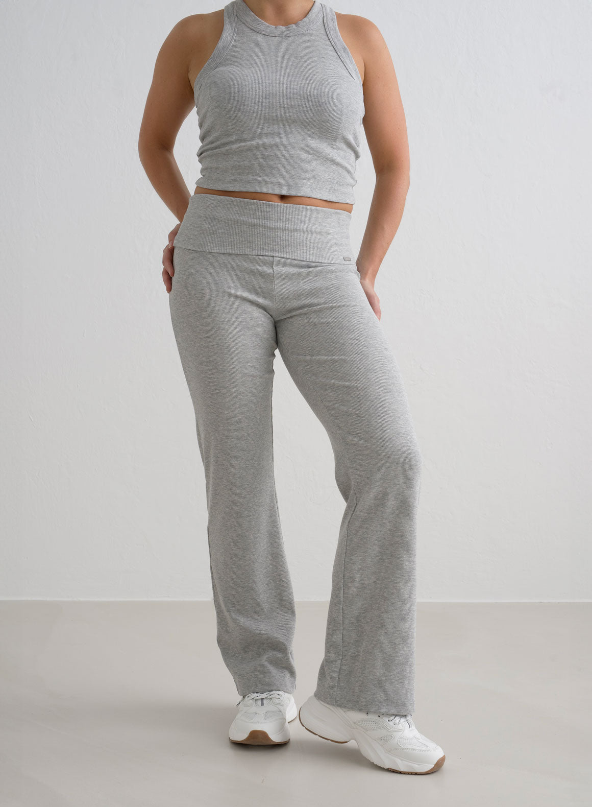 Grey Melange Ease Ribbed Pants for Women - Soft Stretchy Comfort Lounge Pants - Perfect for Yoga, Home & Casual Wear