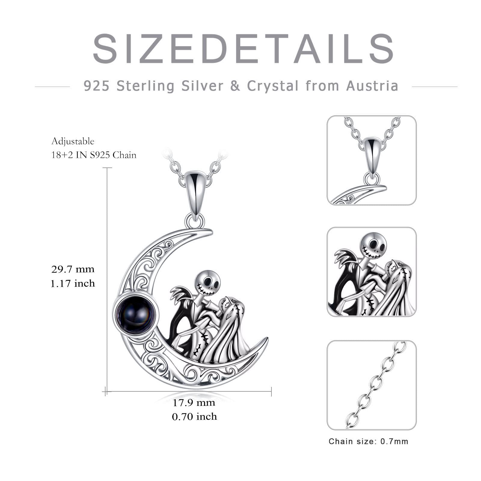 LILALO Nightmare Before Christmas Necklace - 925 Sterling Silver Jack & Sally Pendant with Zero Charm - Gothic Jewelry for Halloween, Cosplay, and Gift Giving
