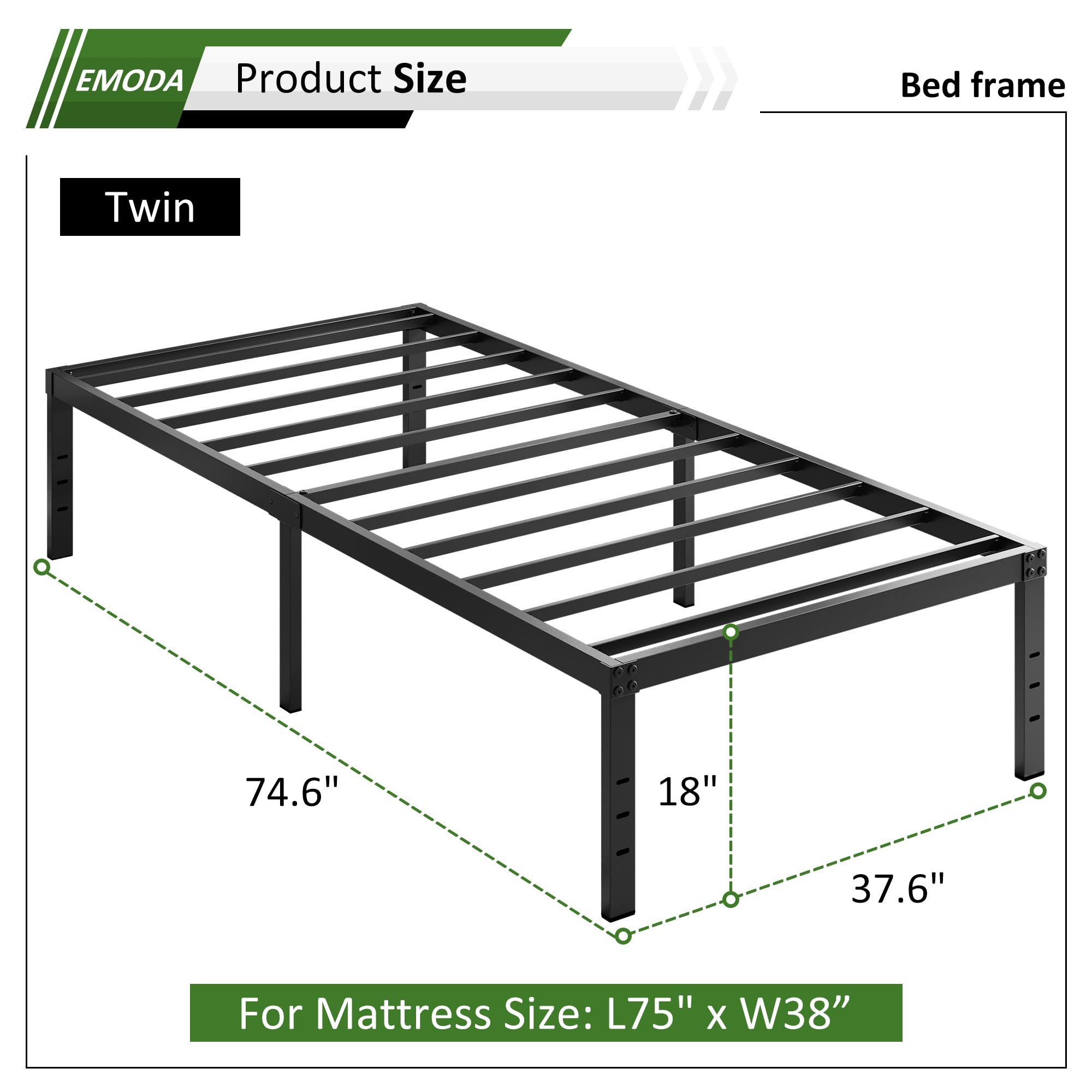 EMODA 18 Inch Twin Bed Frame - Heavy Duty Metal Platform Bed with Large Storage Space, No Box Spring Needed, Noise Free & Easy Assembly, Black - Perfect for Kids Rooms, Guest Beds & Small Apartments