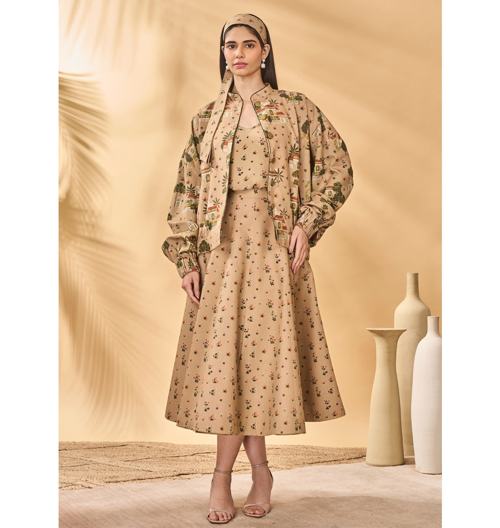 Beige Miniature Dreams Bomber Jacket Set for Women - Stylish Vintage Aviator Jacket with Matching Pants, Perfect for Casual Outfits, Streetwear Fashion, and Fall Layering