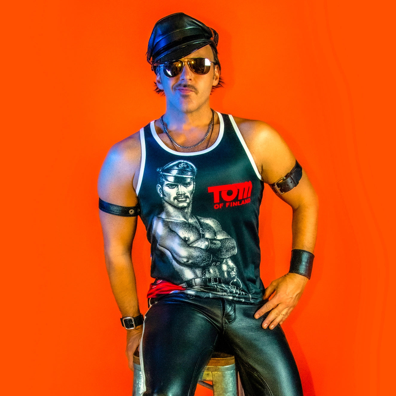 Tom of Finland Leather Stud Mesh Tank Top for Men - Black Punk Rock Biker Vest for Nightclubs & Concerts