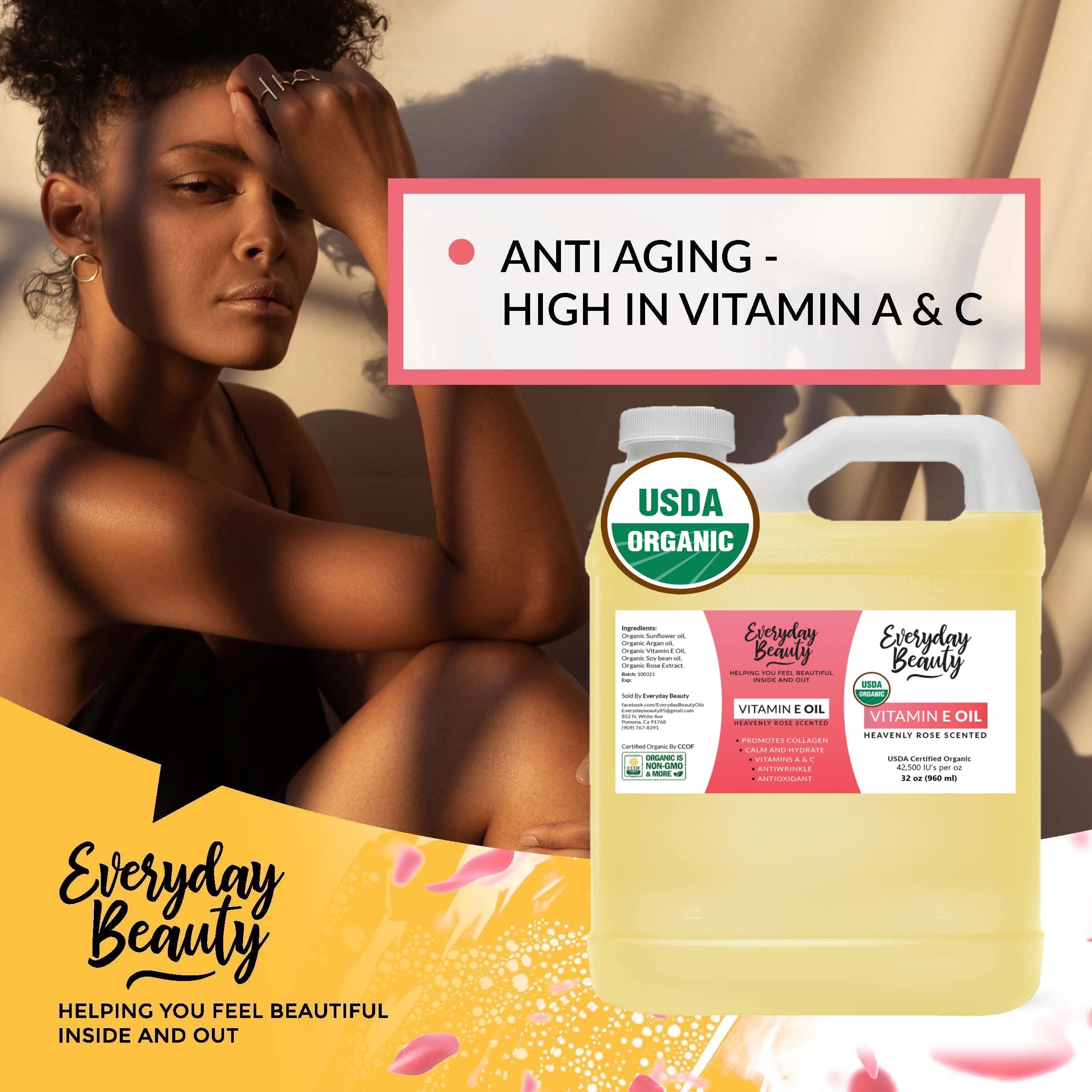 Organic Vitamin E Oil 32 oz - USDA Certified 100% Natural Plant-Based with Heavenly Rose Scent - Lightweight Formula for Scars, Face, Skin & Nails - Perfect for Post-Surgery Care, Anti-Aging & Daily Moisturizing