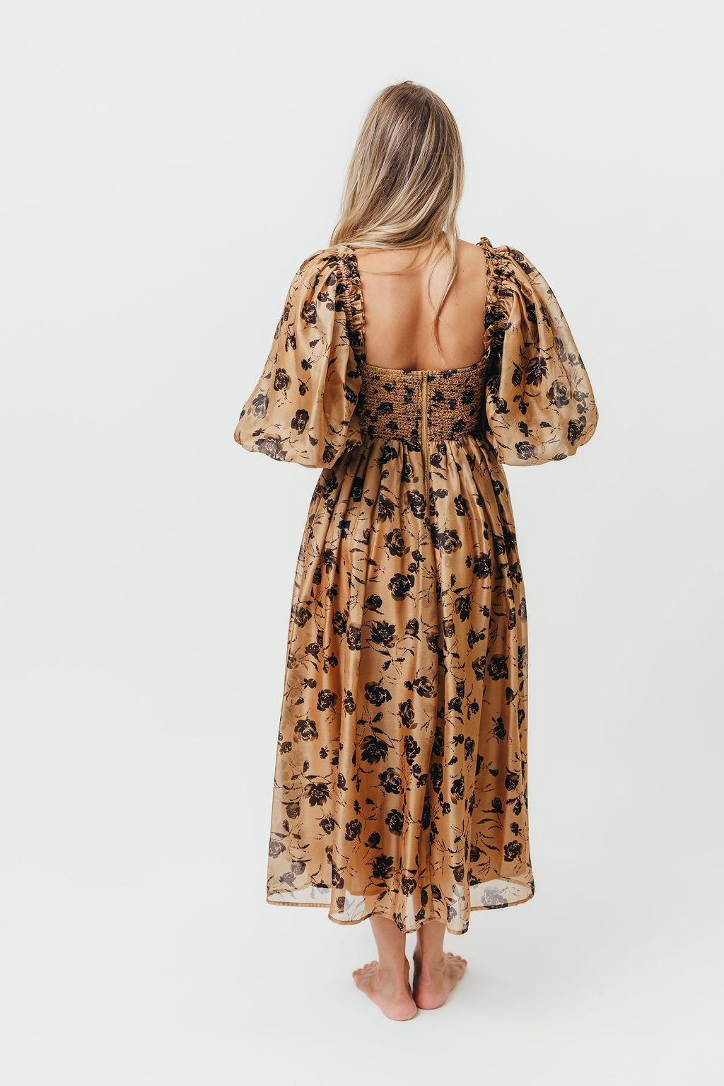 Harlow Camel & Black Floral Maxi Dress with Stretchy Neckline - Bump Friendly Maternity Dress for Women | Perfect for Pregnancy, Special Occasions & Everyday Wear (Restocking Early Fall)