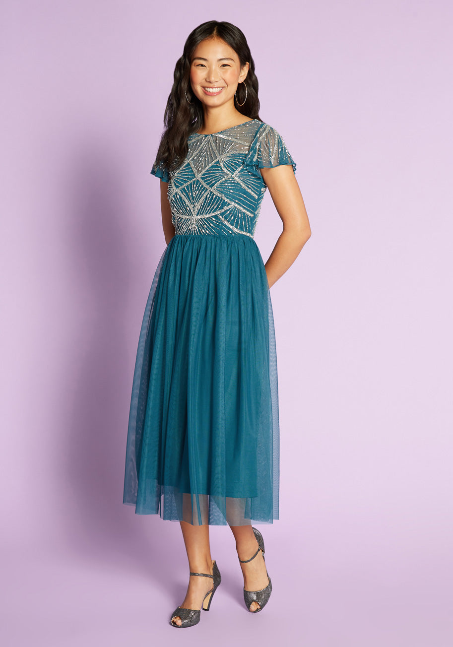 Elegant Shimmering Cascades Midi Dress for Women - Perfect for Evening Parties, Weddings & Special Occasions