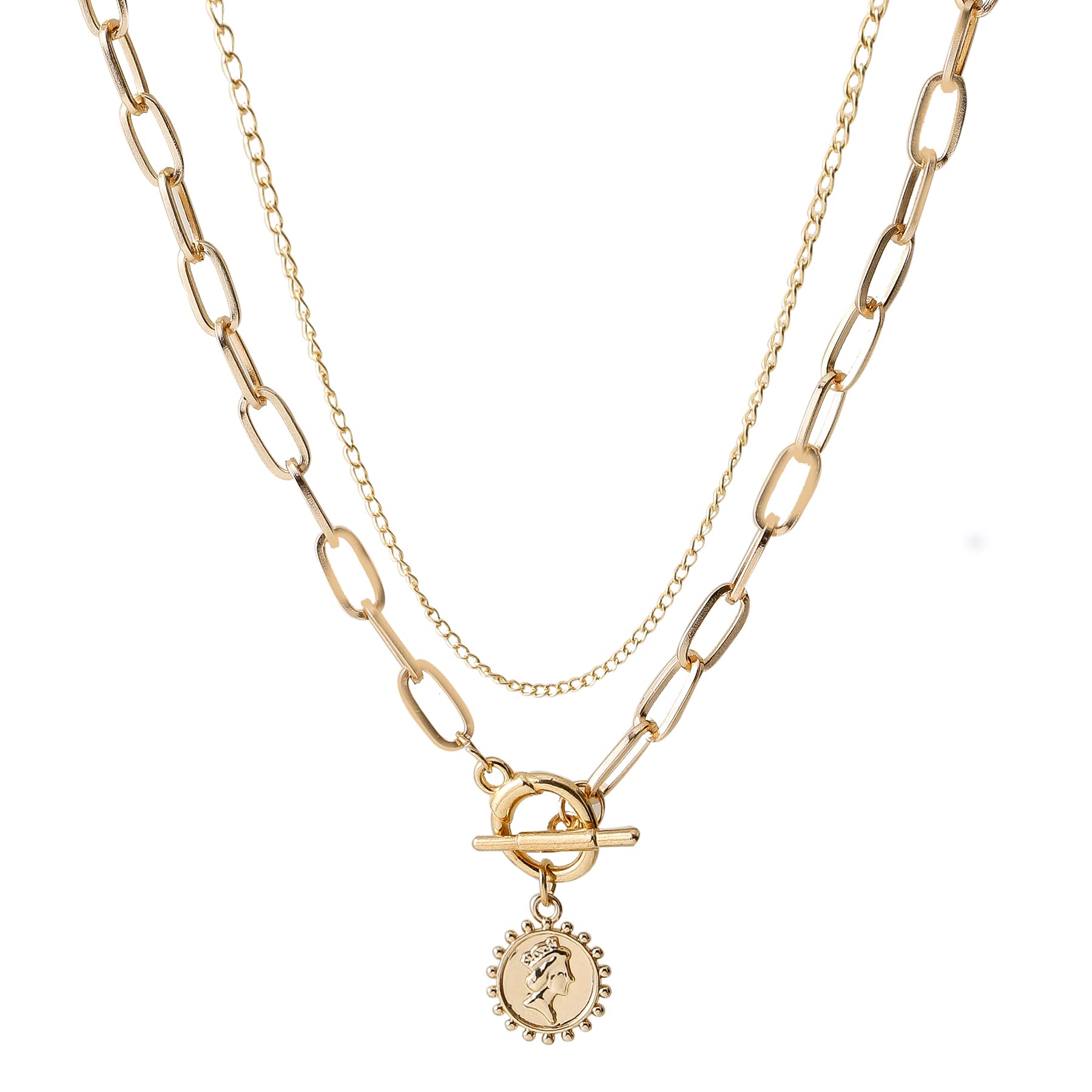 Trendy Gold & Silver Double Layered Necklace for Women - Hexagon Pendant Paperclip Chain Choker with Beauty Head Shape - Perfect for Teen Girls & Everyday Wear - Elegant Layering Jewelry for Office, Date Night & Special Occasions