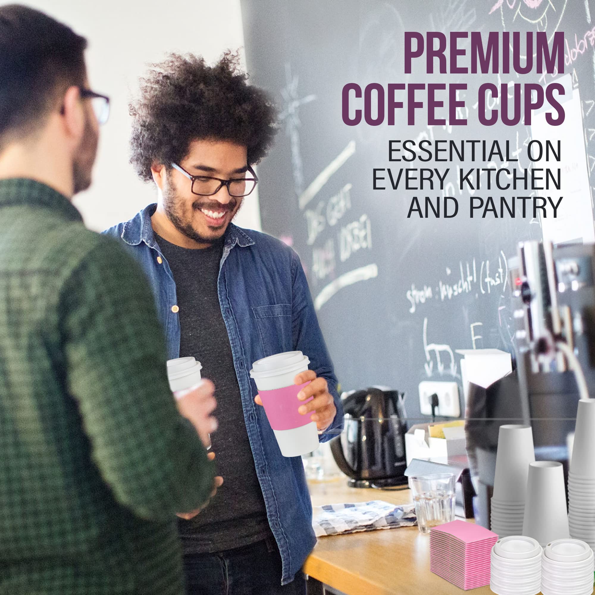 500 Pack 16oz Disposable Coffee Cups with Lids & Pink Sleeves - Lead-Free Sturdy To-Go Hot Paper Cups for Coffee, Tea, Hot Chocolate - Perfect for Parties, Weddings, Birthdays, Office & Cafes (White Lids)