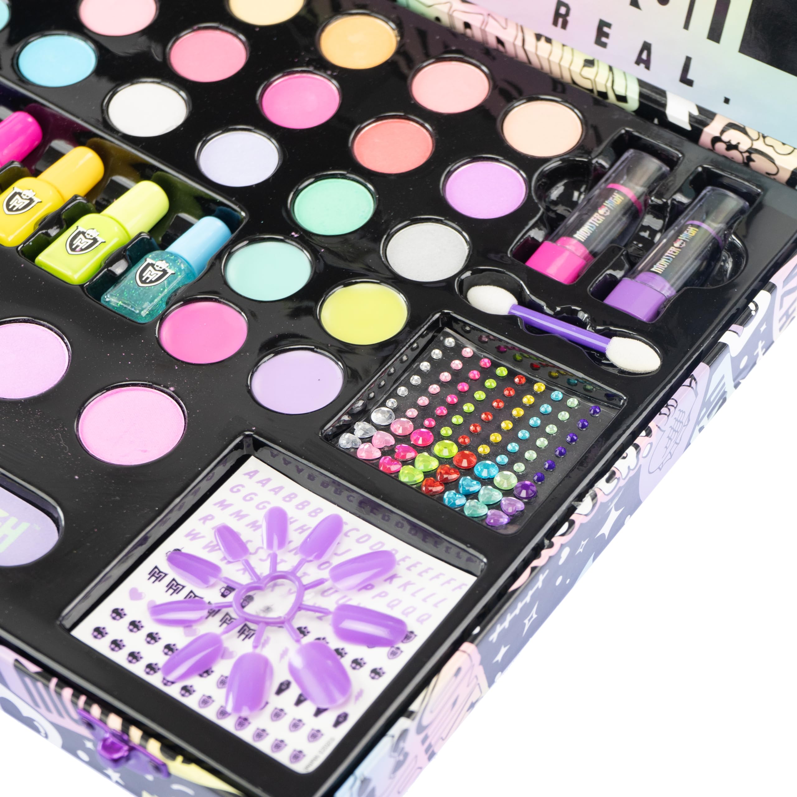 Monster High Makeup Case for Kids with Mirror, Eyeshadow, Nail Polish & Lip Gloss – Portable Cosmetic Organizer for Travel, Birthday Gifts & Pretend Play