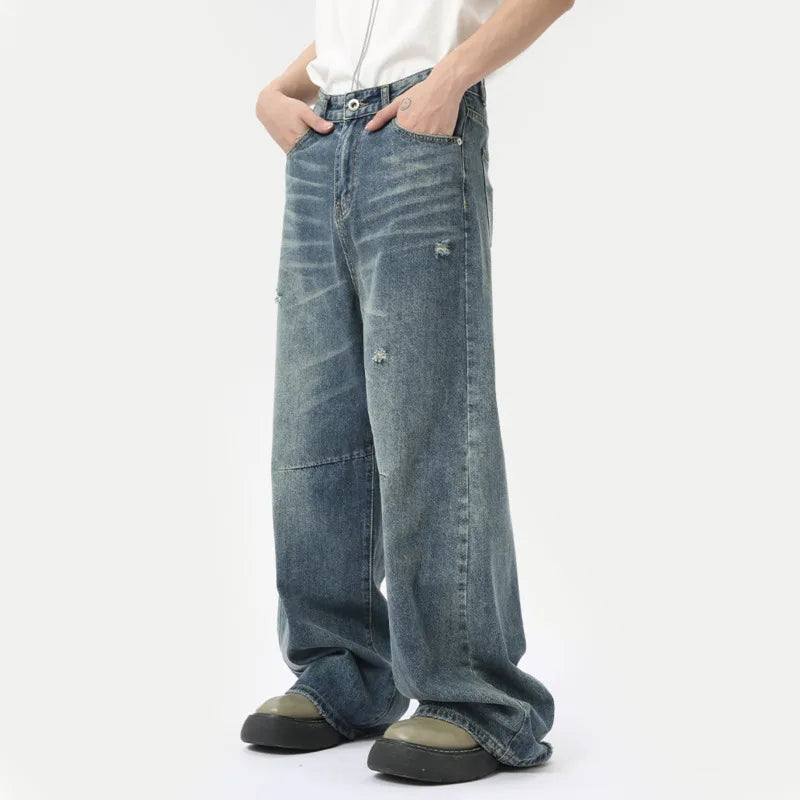 American Style Men's Denim Jeans - Washed Fashion Loose Fit Straight Leg Casual Wide Pants for Summer | Perfect for Everyday Wear, Street Style & Relaxed Outings | Model 9C6303