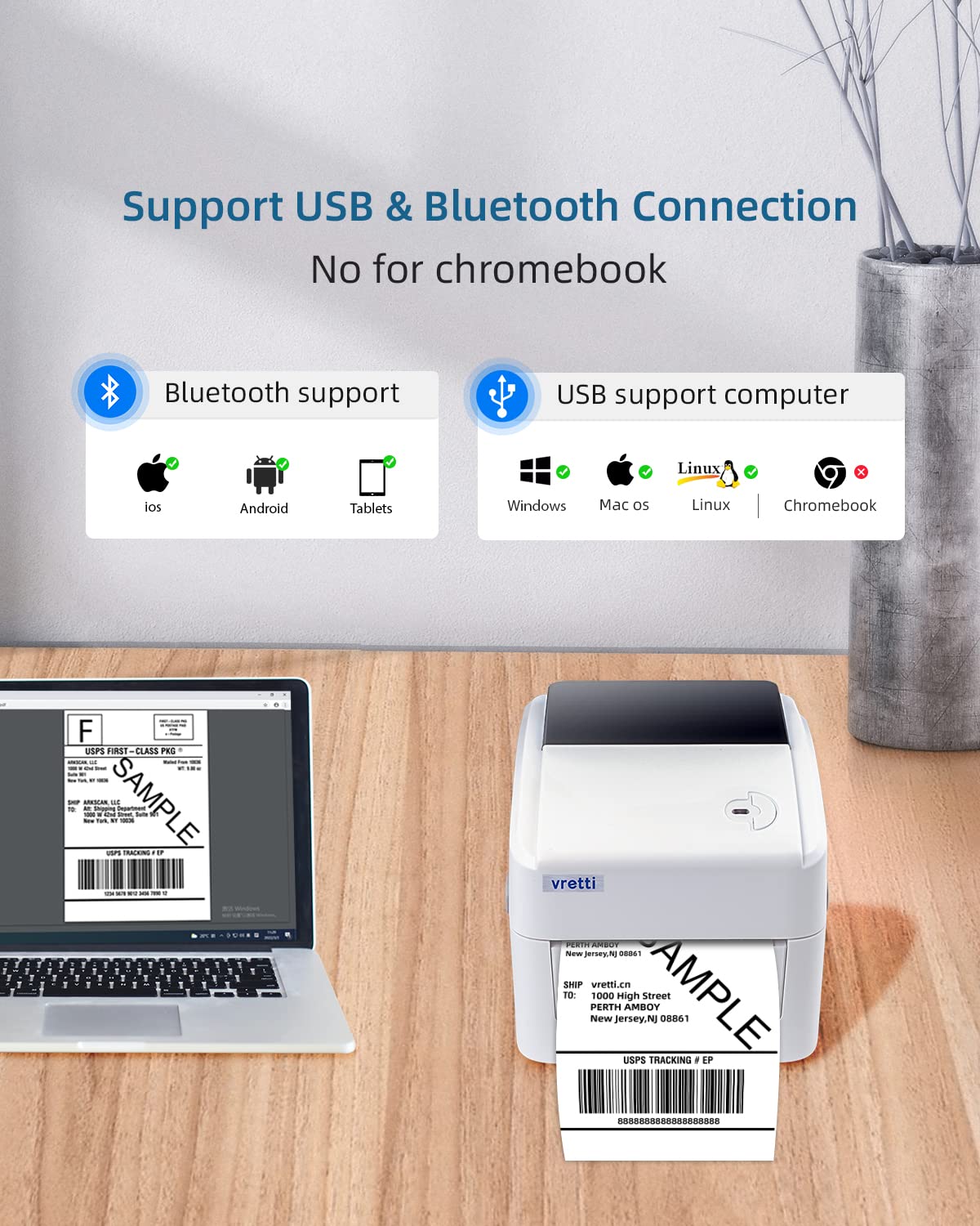 Vretti Bluetooth Thermal Label Printer - Wireless Shipping Label Printer for Small Business & Ecommerce Packages | Compatible with iPhone, Android, USPS, Amazon, UPS, FedEx | Perfect for Home Office, Warehouse & Online Sellers