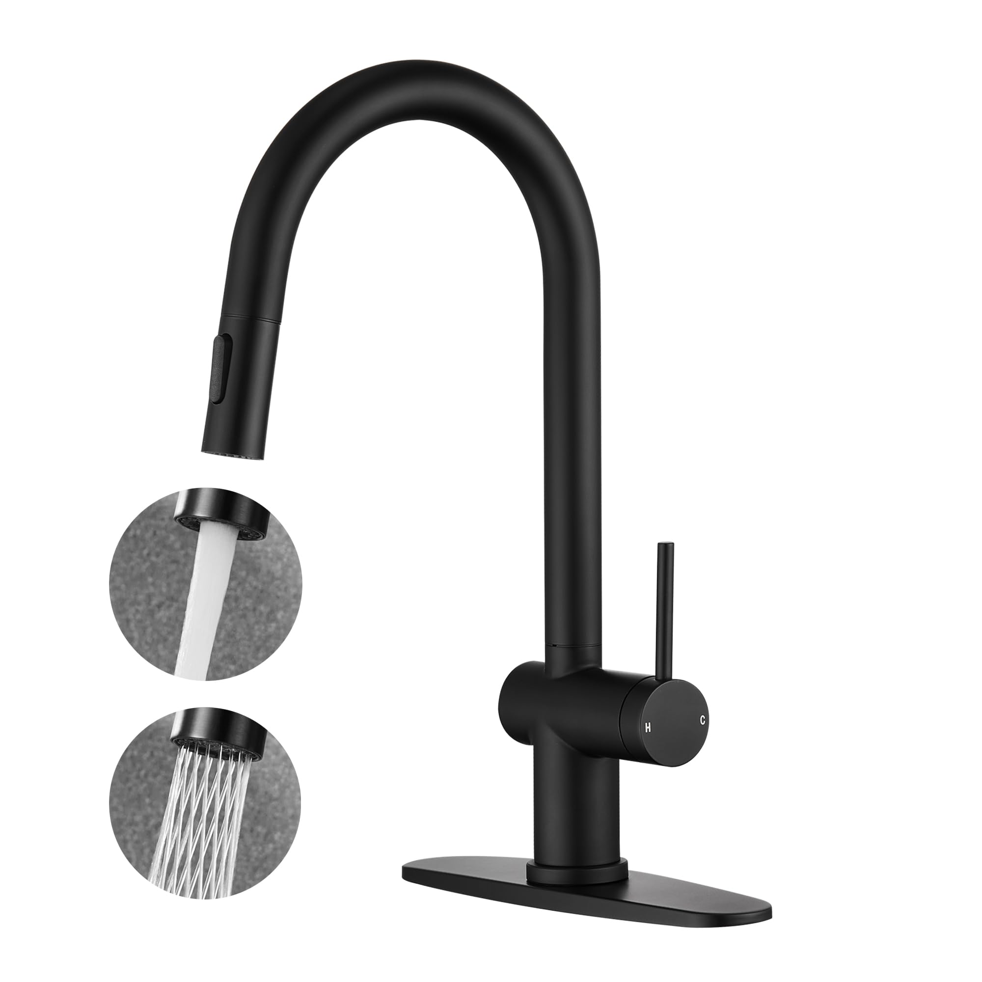 Modern Matte Black Kitchen Faucet with Pull Down Sprayer, Stainless Steel Single Handle Sink Faucet, Single Hole Design with 10