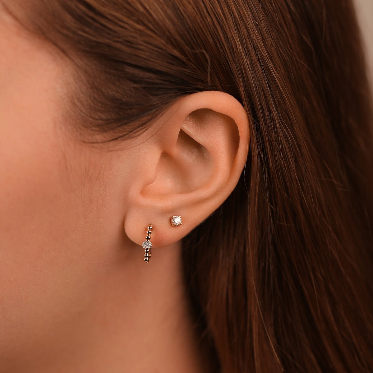 14k Rose Gold Beaded Diamond Huggie Hoop Earrings for Women - Perfect for Everyday Wear, Date Nights & Special Occasions